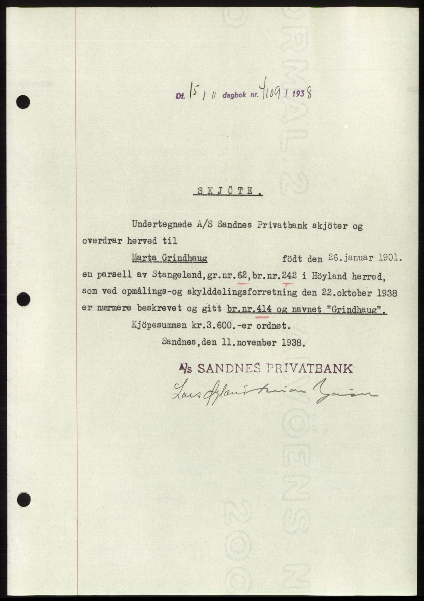 Jæren sorenskriveri, SAST/A-100310/03/G/Gba/L0072: Pantebok, 1938-1938, Dagboknr: 4109/1938