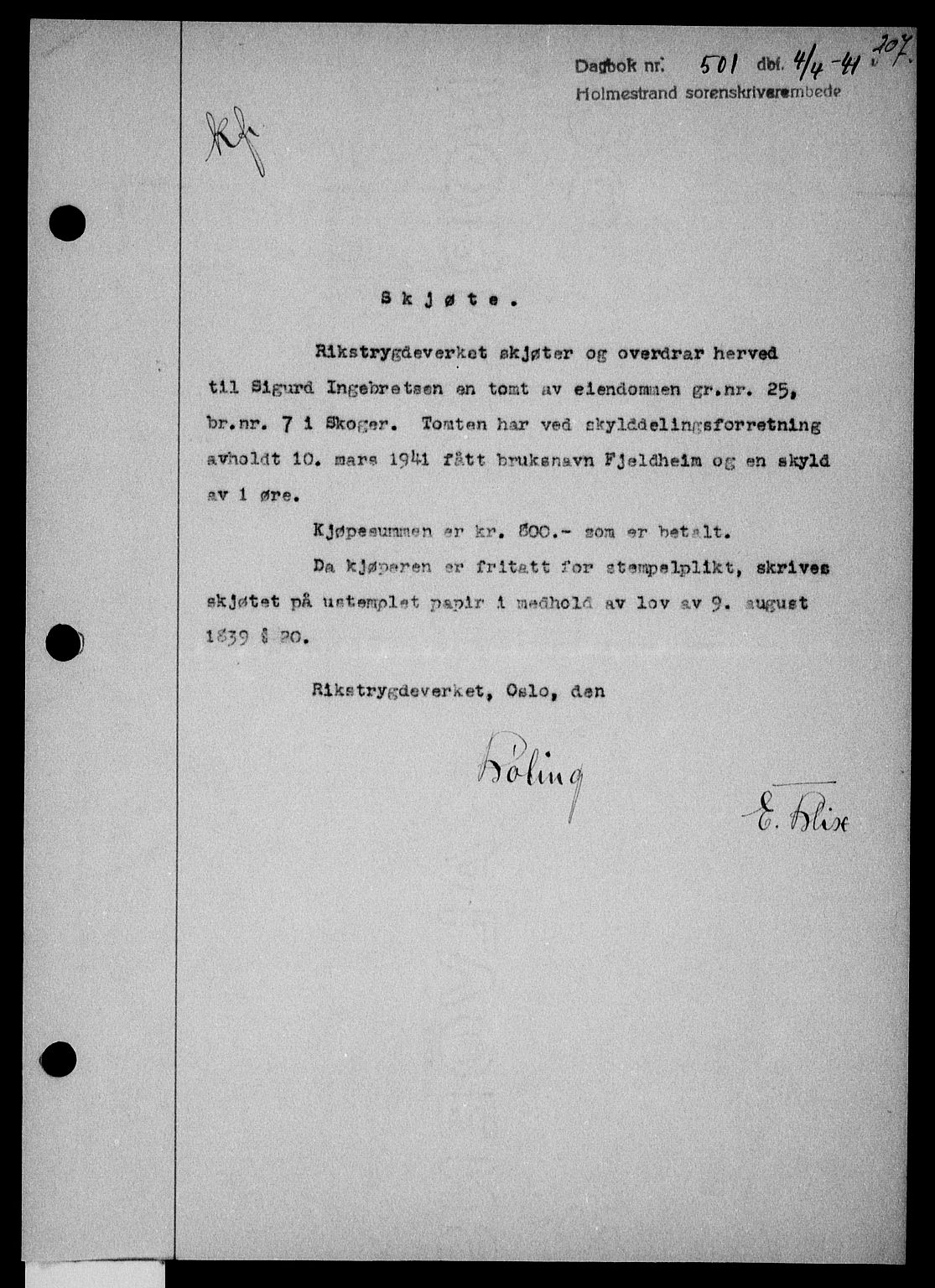 Holmestrand sorenskriveri, SAKO/A-67/G/Ga/Gaa/L0053: Pantebok nr. A-53, 1941-1941, Dagboknr: 501/1941