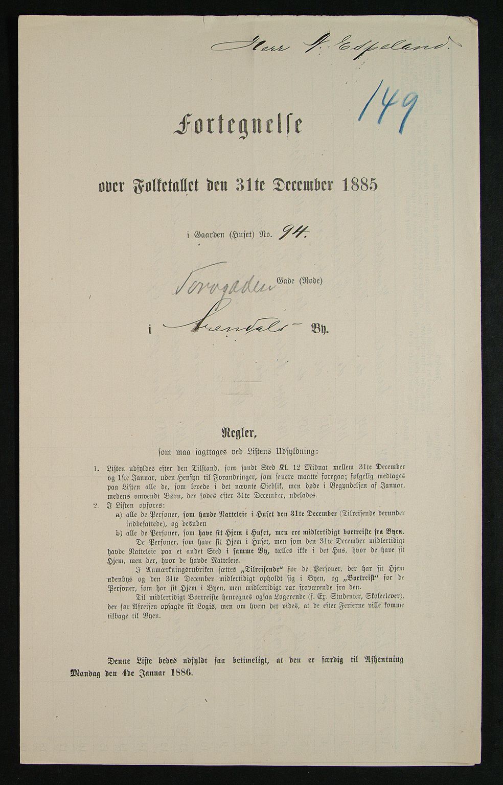 SAK, Folketelling 1885 for 0903 Arendal kjøpstad, 1885, s. 149