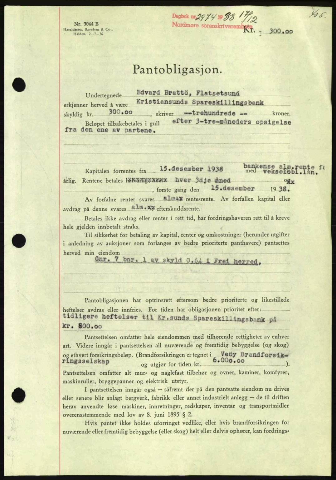 Nordmøre sorenskriveri, AV/SAT-A-4132/1/2/2Ca: Pantebok nr. B84, 1938-1939, Dagboknr: 2974/1938