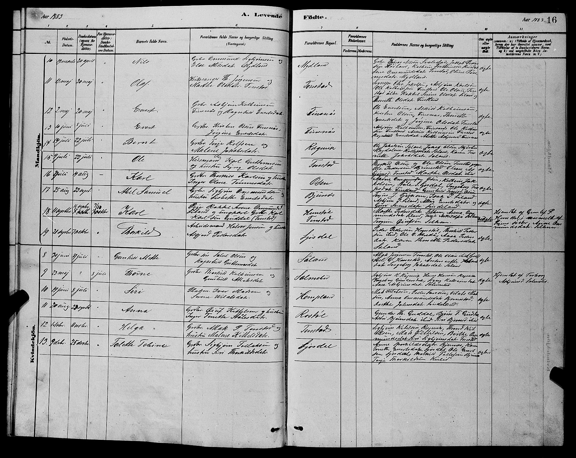 Sirdal sokneprestkontor, AV/SAK-1111-0036/F/Fb/Fbb/L0003: Klokkerbok nr. B 3, 1878-1894, s. 16