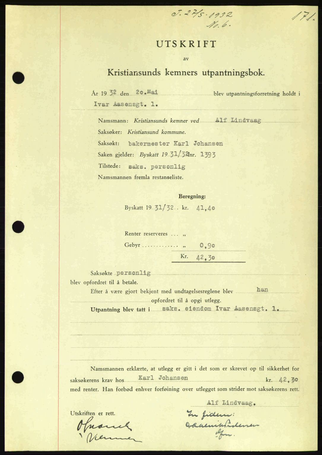 Kristiansund byfogd, AV/SAT-A-4587/A/27: Pantebok nr. 26, 1931-1933, Tingl.dato: 27.05.1932