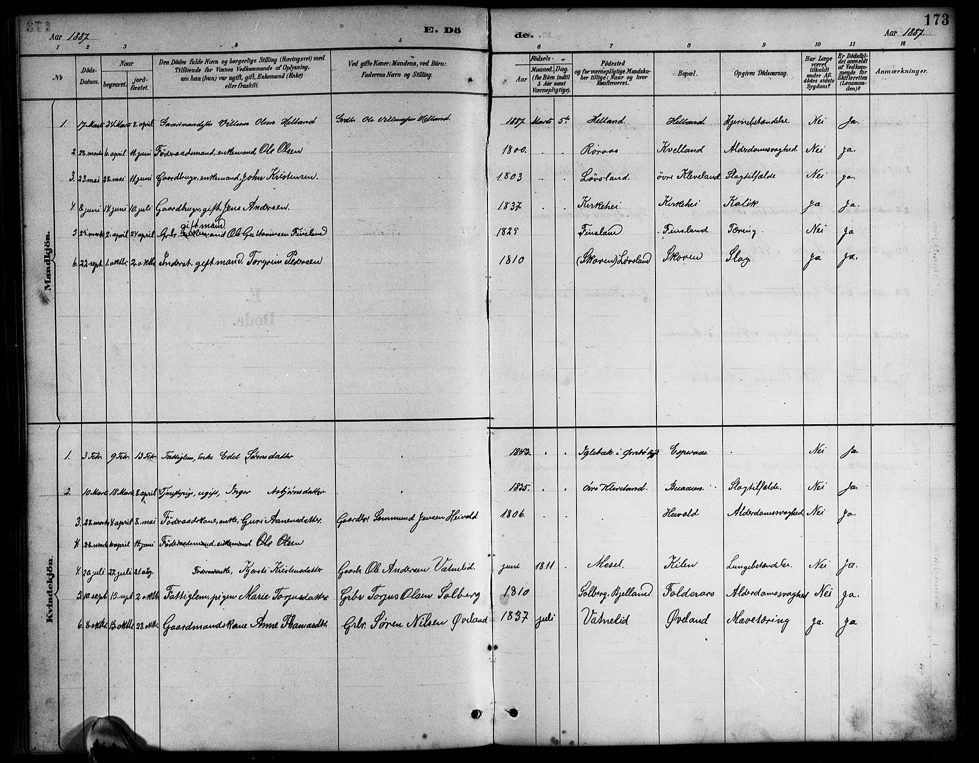 Bjelland sokneprestkontor, AV/SAK-1111-0005/F/Fb/Fbb/L0005: Klokkerbok nr. B 5, 1887-1918, s. 173