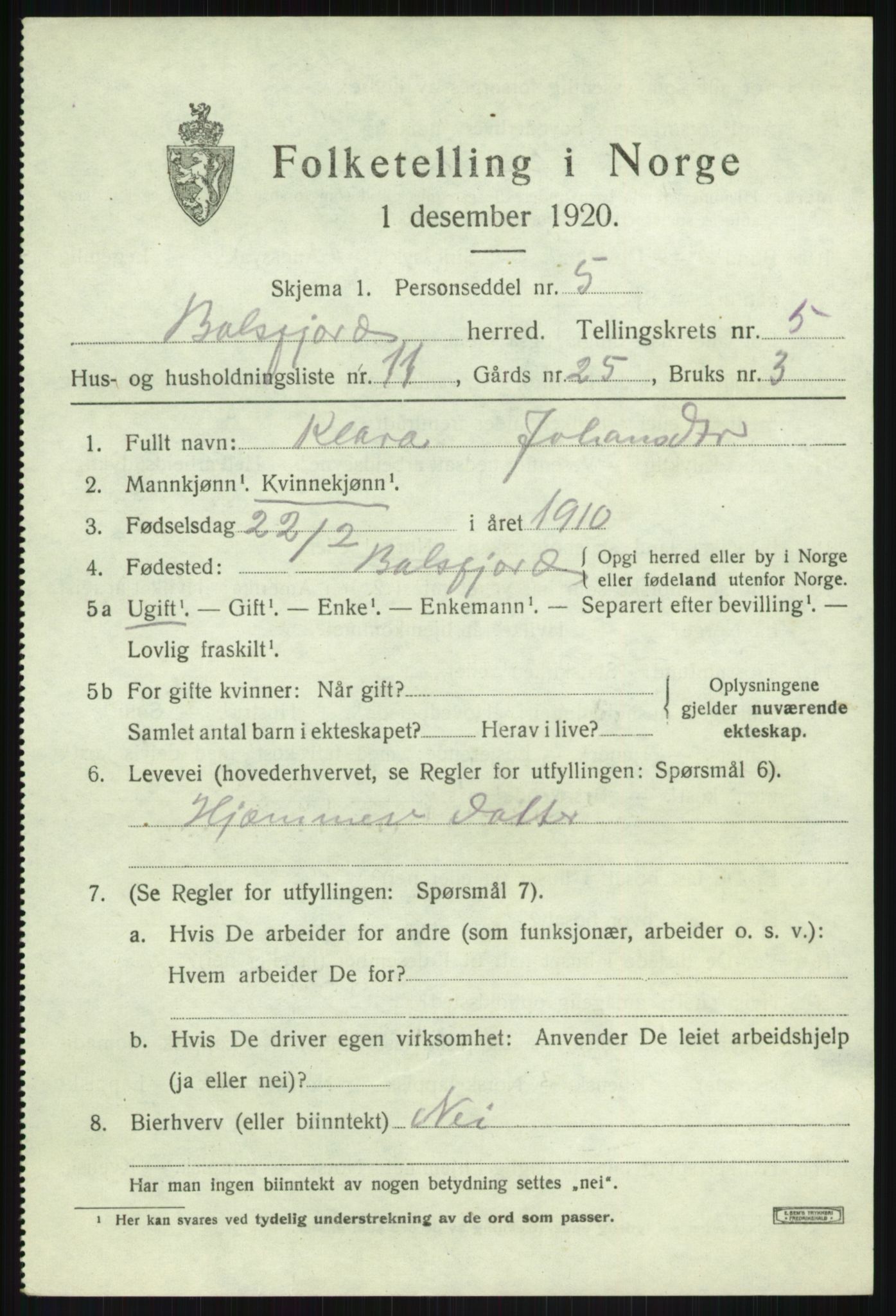 SATØ, Folketelling 1920 for 1933 Balsfjord herred, 1920, s. 3240