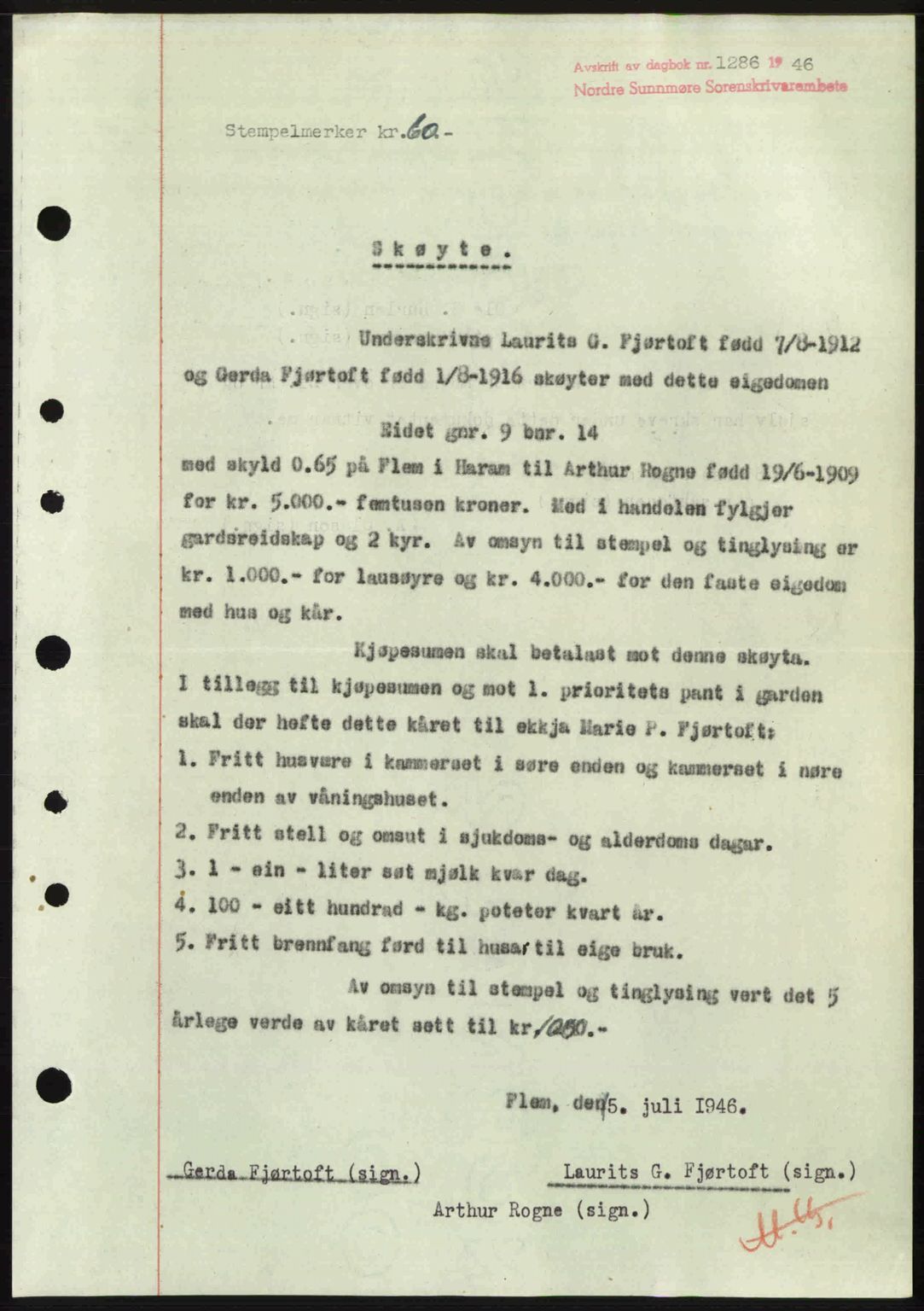 Nordre Sunnmøre sorenskriveri, SAT/A-0006/1/2/2C/2Ca: Pantebok nr. A22, 1946-1946, Dagboknr: 1286/1946