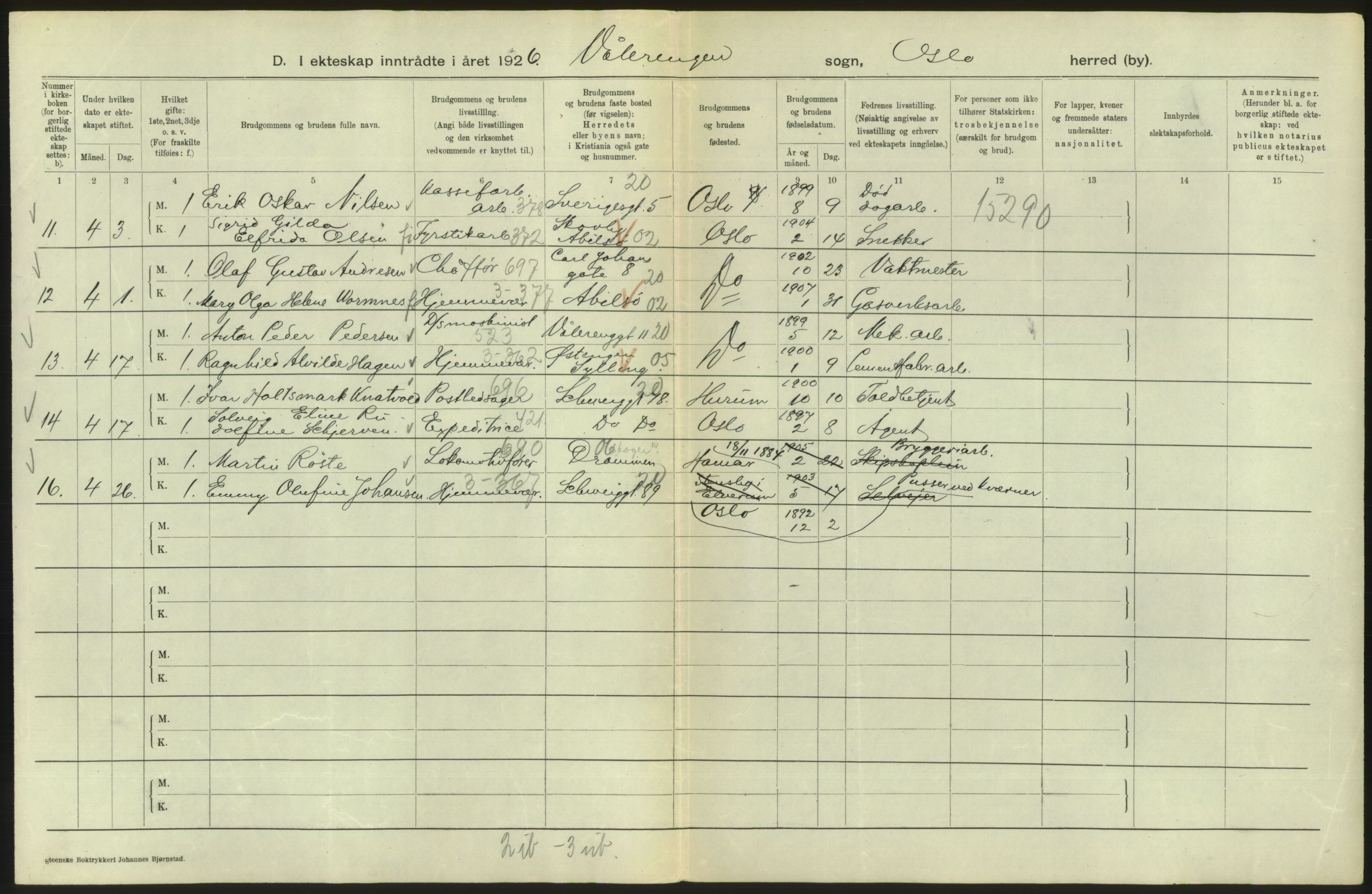 Statistisk sentralbyrå, Sosiodemografiske emner, Befolkning, AV/RA-S-2228/D/Df/Dfc/Dfcf/L0008: Oslo: Gifte, 1926, s. 590