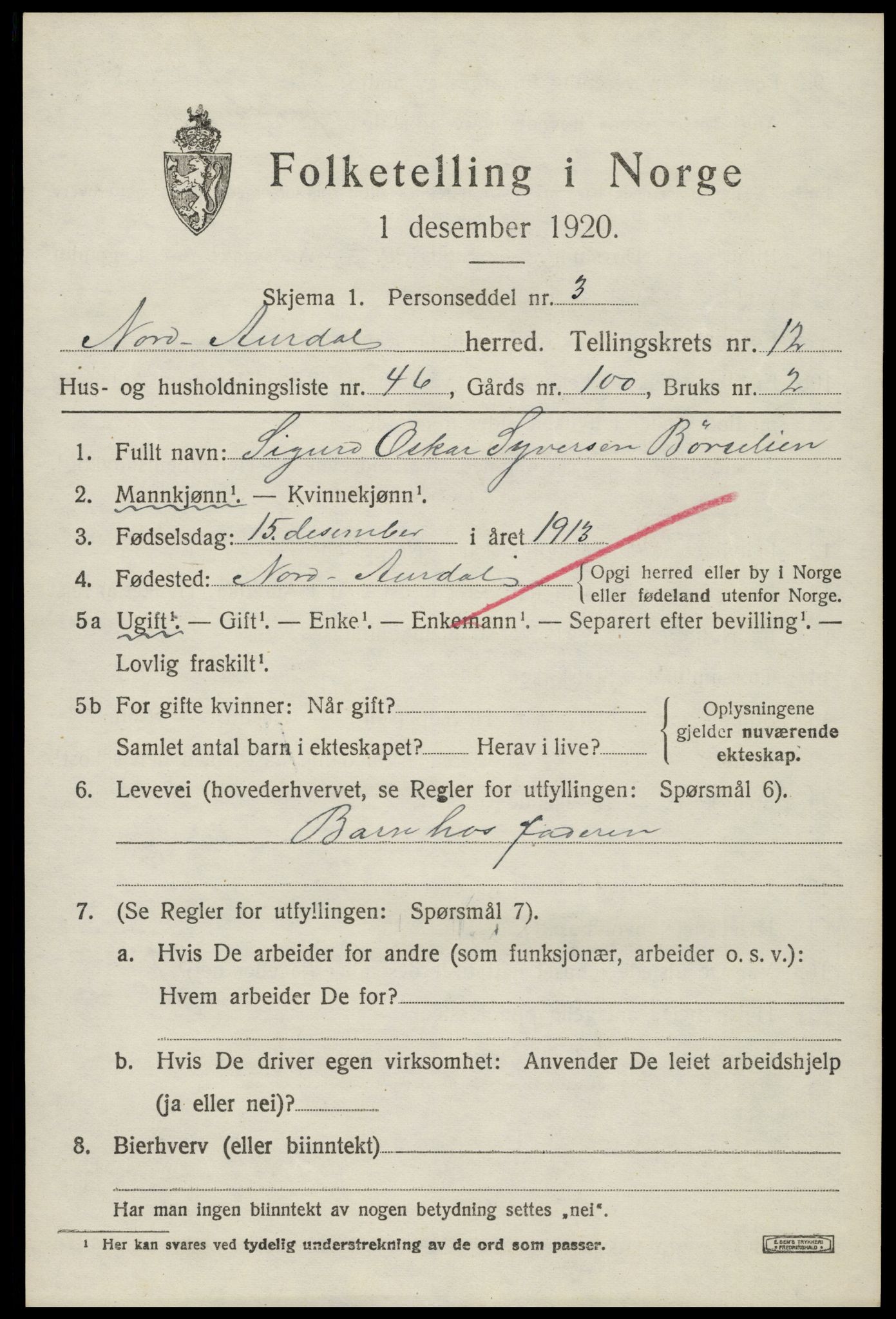 SAH, Folketelling 1920 for 0542 Nord-Aurdal herred, 1920, s. 10306