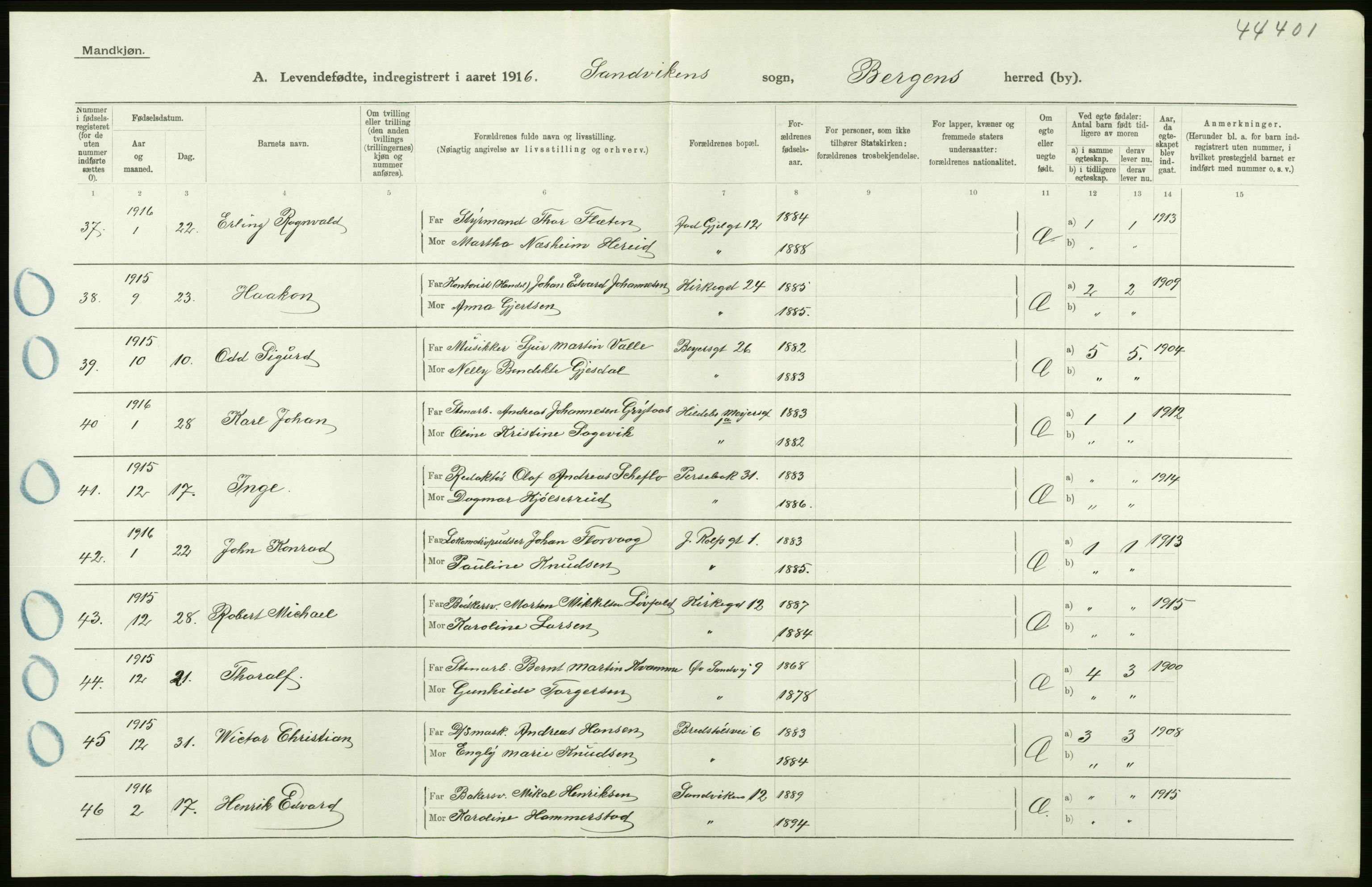 Statistisk sentralbyrå, Sosiodemografiske emner, Befolkning, AV/RA-S-2228/D/Df/Dfb/Dfbf/L0037: Bergen: Levendefødte menn og kvinner., 1916, s. 12