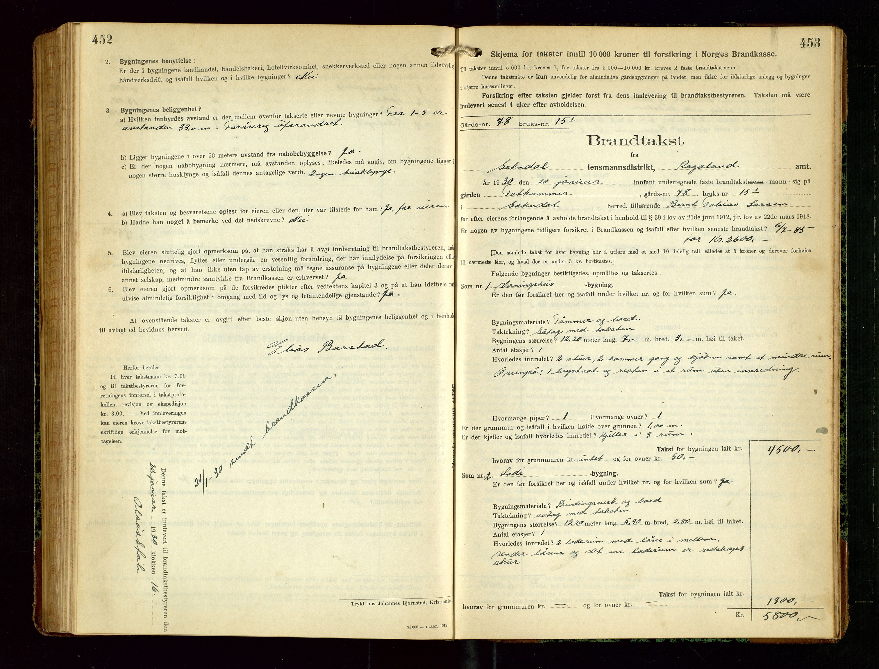 Sokndal lensmannskontor, SAST/A-100417/Gob/L0006: "Brandtakst-Protokol", 1924-1930, s. 452-453