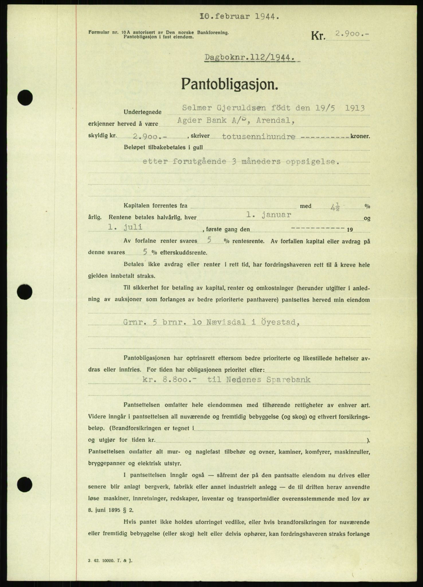 Nedenes sorenskriveri, SAK/1221-0006/G/Gb/Gbb/L0002: Pantebok nr. II, 1942-1945, Dagboknr: 112/1944