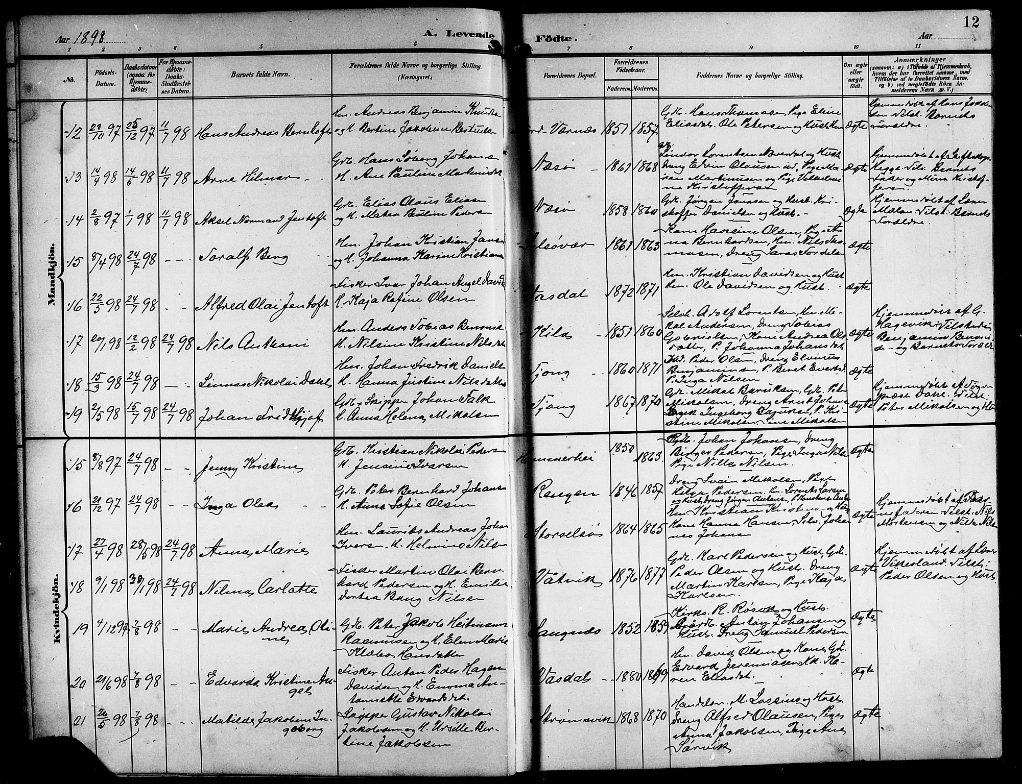 Ministerialprotokoller, klokkerbøker og fødselsregistre - Nordland, SAT/A-1459/841/L0621: Klokkerbok nr. 841C05, 1897-1923, s. 12