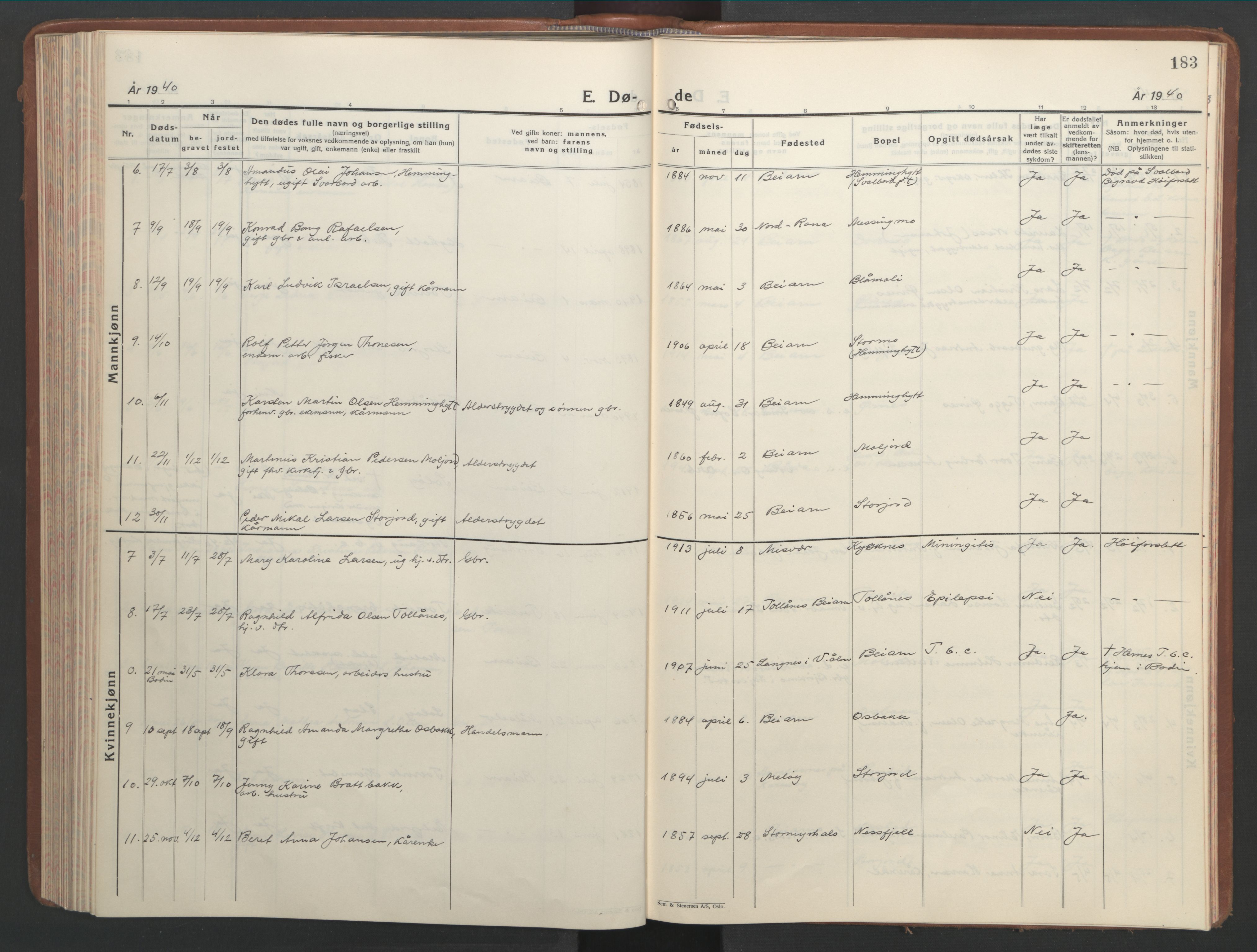 Ministerialprotokoller, klokkerbøker og fødselsregistre - Nordland, SAT/A-1459/846/L0657: Klokkerbok nr. 846C07, 1936-1952, s. 183