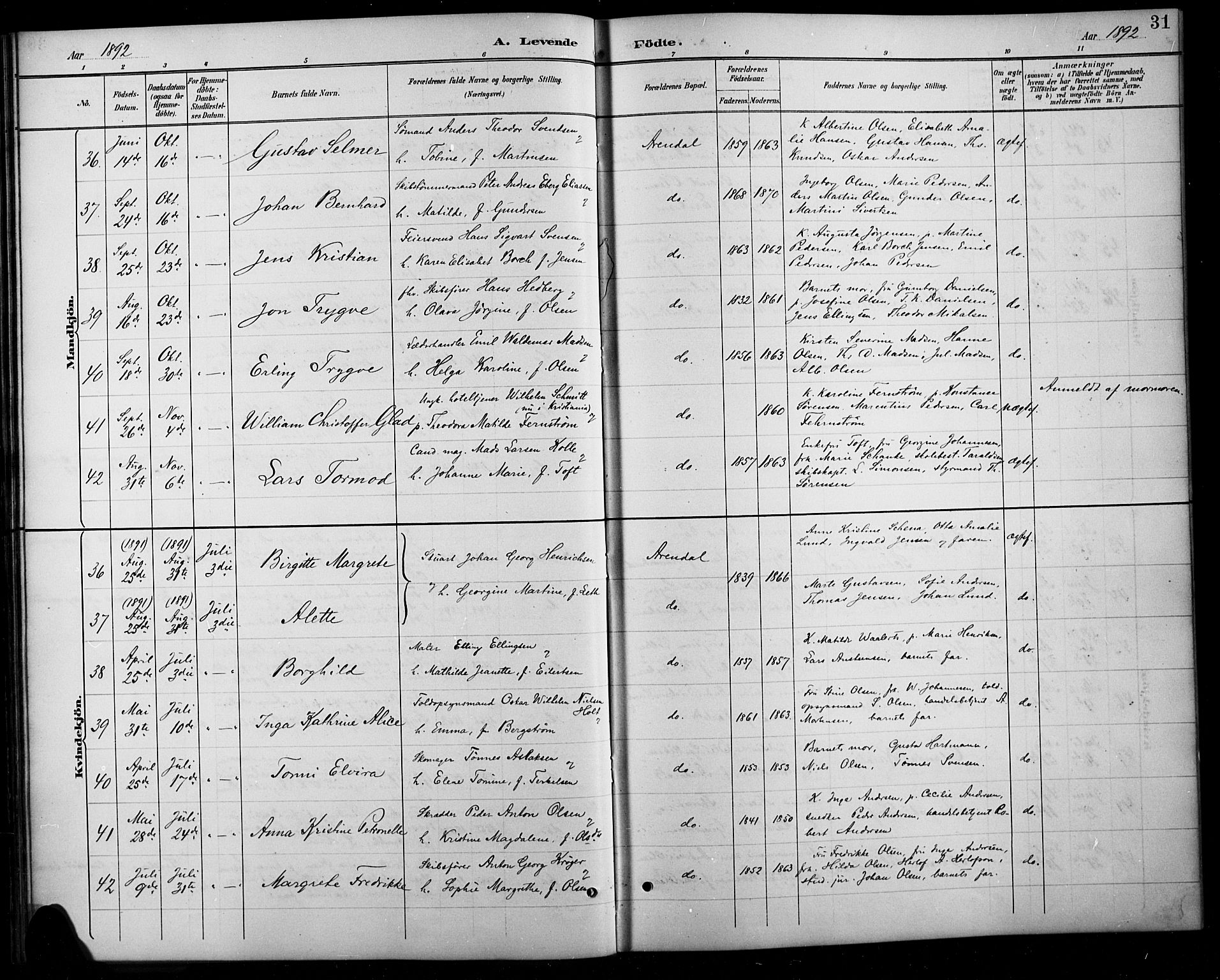 Arendal sokneprestkontor, Trefoldighet, AV/SAK-1111-0040/F/Fb/L0006: Klokkerbok nr. B 6, 1889-1916, s. 31