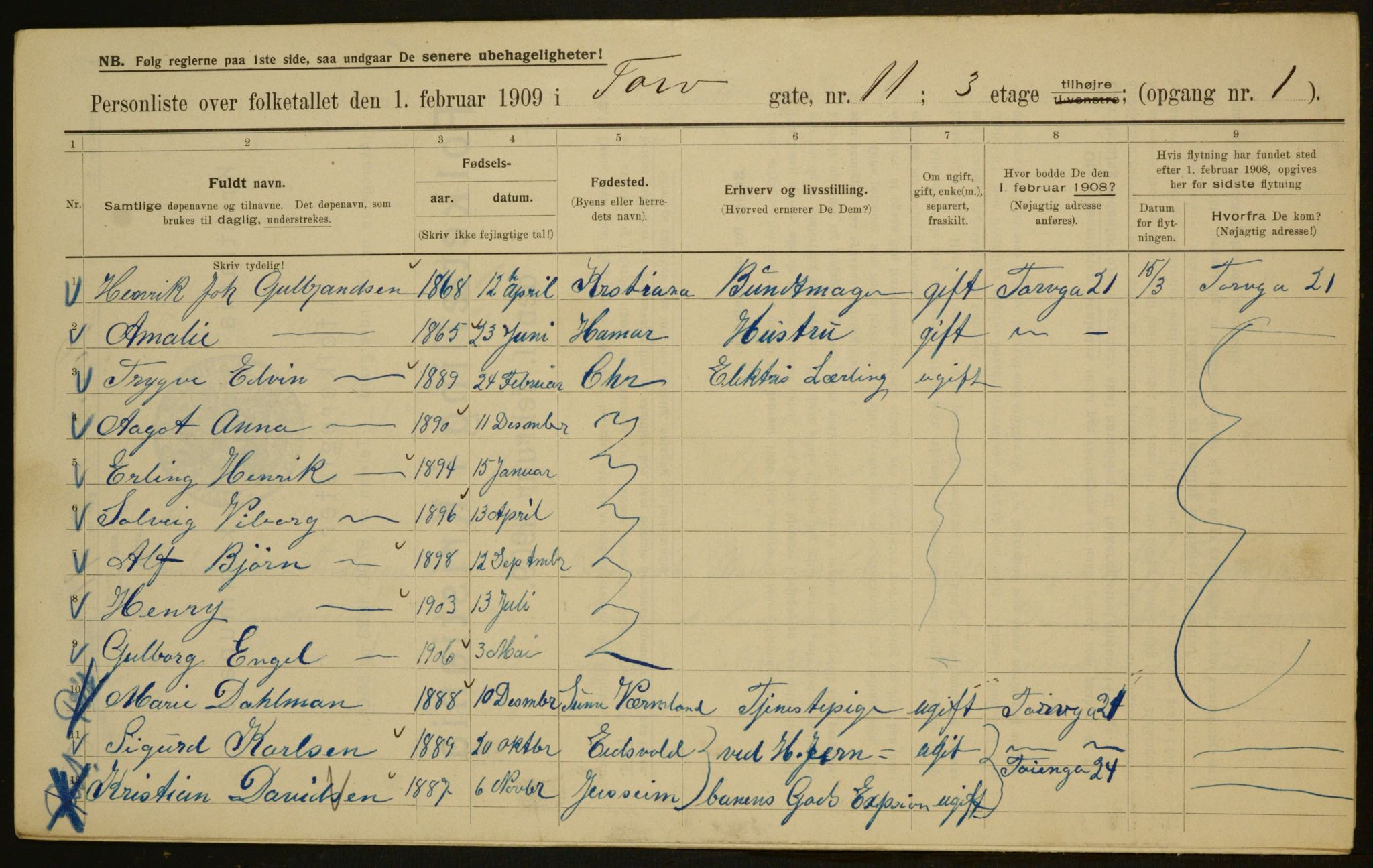 OBA, Kommunal folketelling 1.2.1909 for Kristiania kjøpstad, 1909, s. 103376