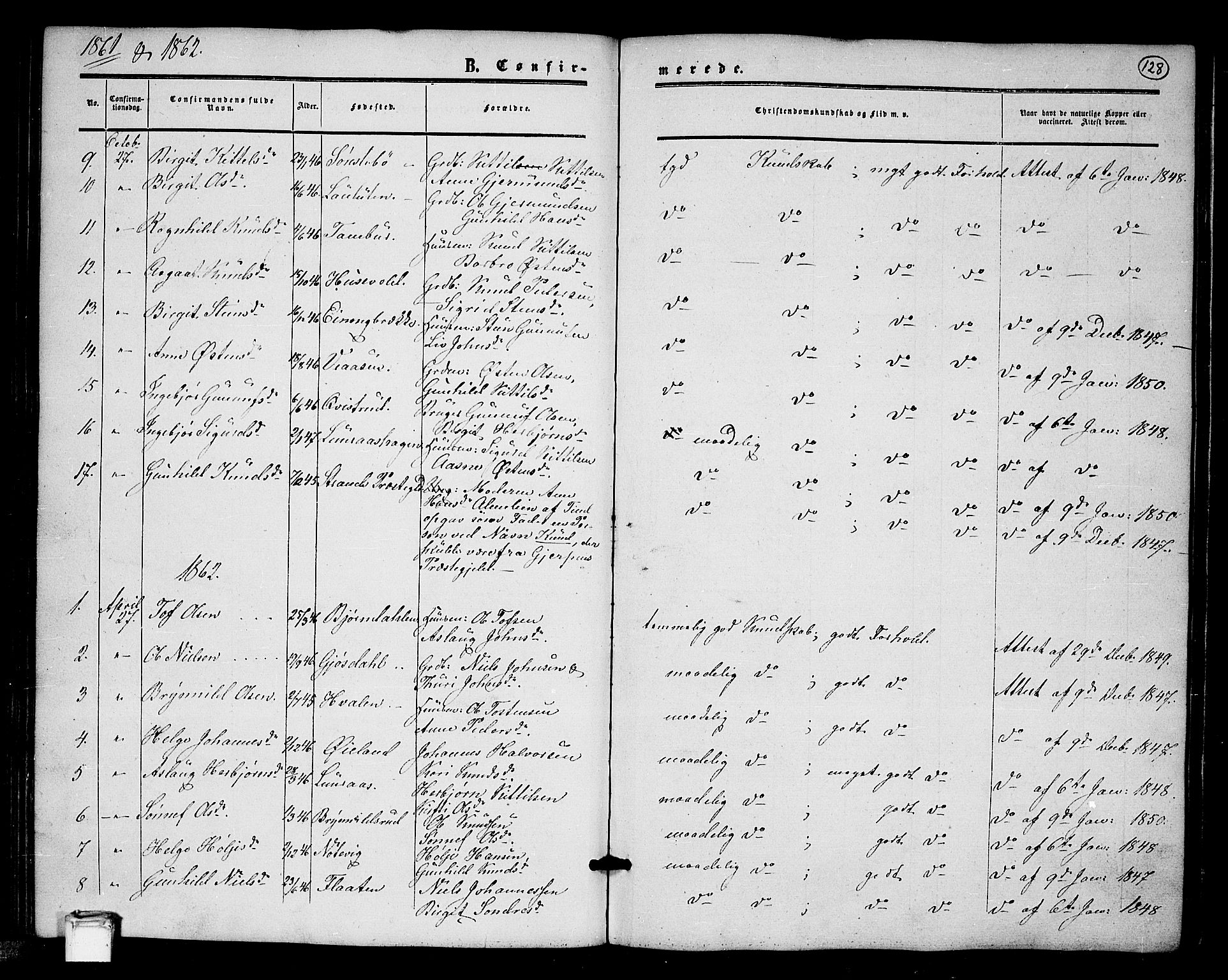 Tinn kirkebøker, AV/SAKO-A-308/G/Ga/L0002: Klokkerbok nr. I 2, 1851-1883, s. 128