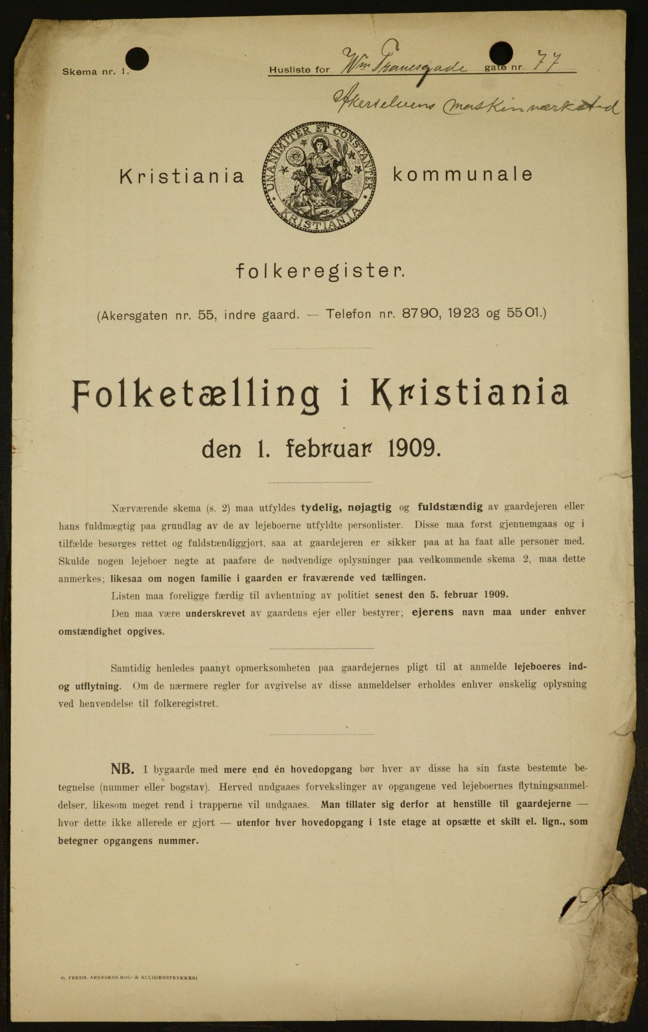 OBA, Kommunal folketelling 1.2.1909 for Kristiania kjøpstad, 1909, s. 115560