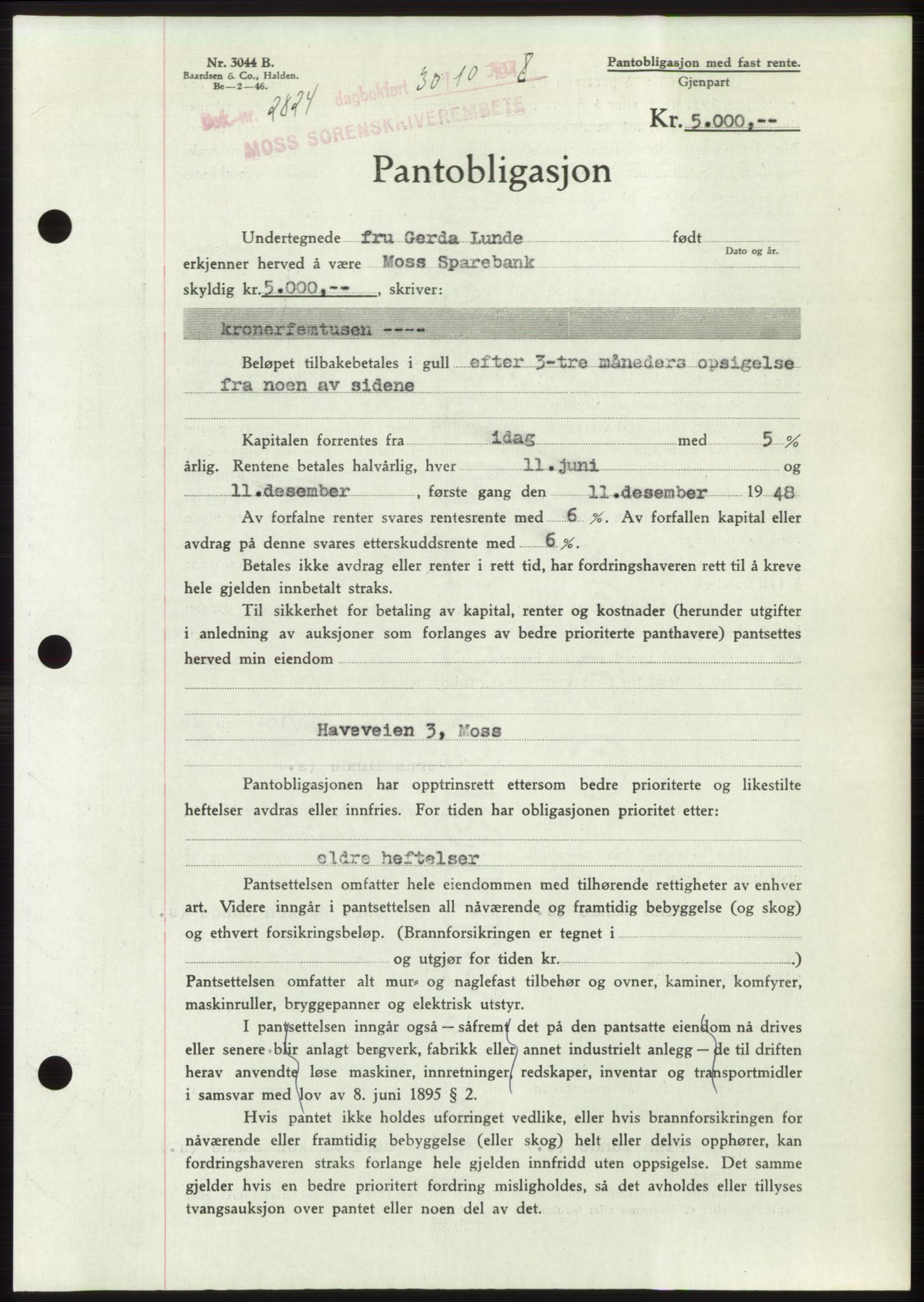 Moss sorenskriveri, AV/SAO-A-10168: Pantebok nr. B20, 1948-1948, Dagboknr: 2824/1948