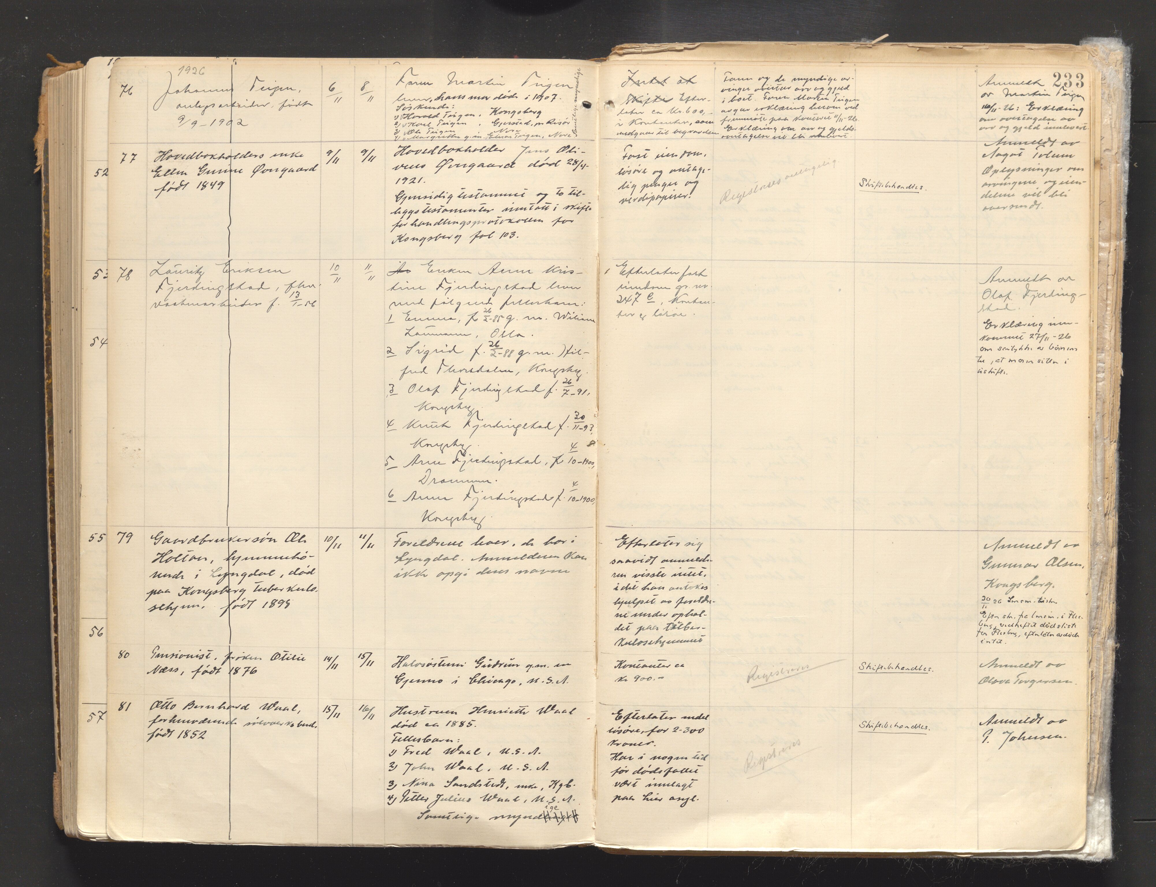 Numedal og Sandsvær sorenskriveri, AV/SAKO-A-128/H/Ha/Haa/Haab/L0001: Dødsfallsprotokoll - Kongsberg by, 1891-1926, s. 232b-233a