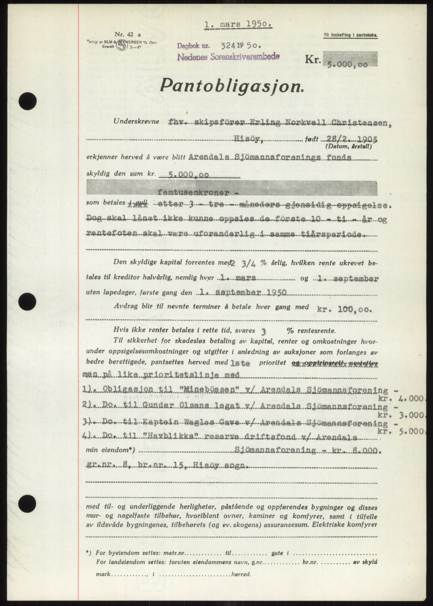 Nedenes sorenskriveri, SAK/1221-0006/G/Gb/Gbb/L0007: Pantebok nr. B7, 1949-1950, Dagboknr: 324/1950