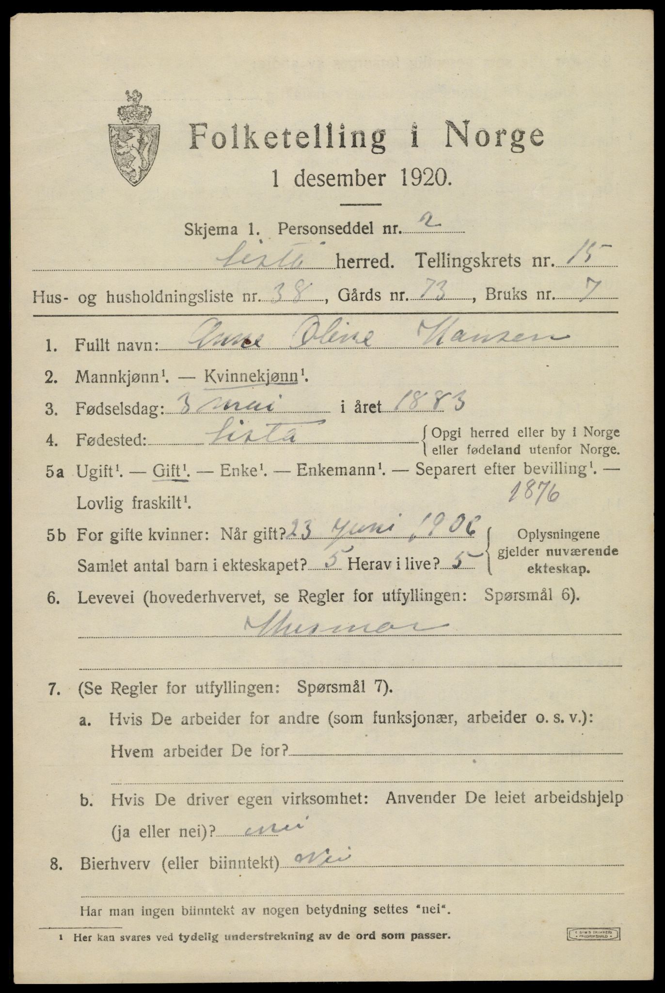 SAK, Folketelling 1920 for 1041 Lista herred, 1920, s. 12913