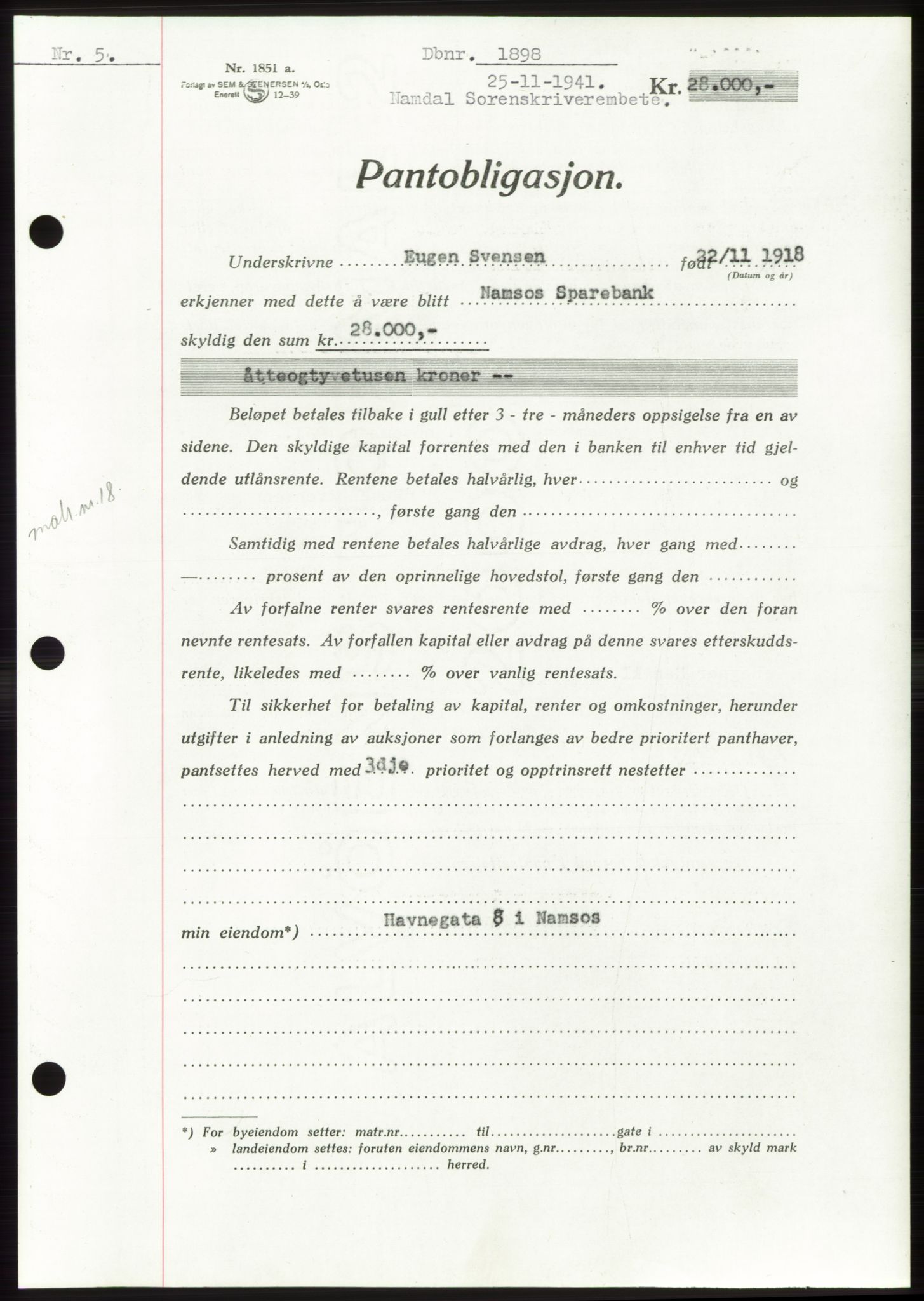 Namdal sorenskriveri, SAT/A-4133/1/2/2C: Pantebok nr. -, 1941-1942, Dagboknr: 1898/1941