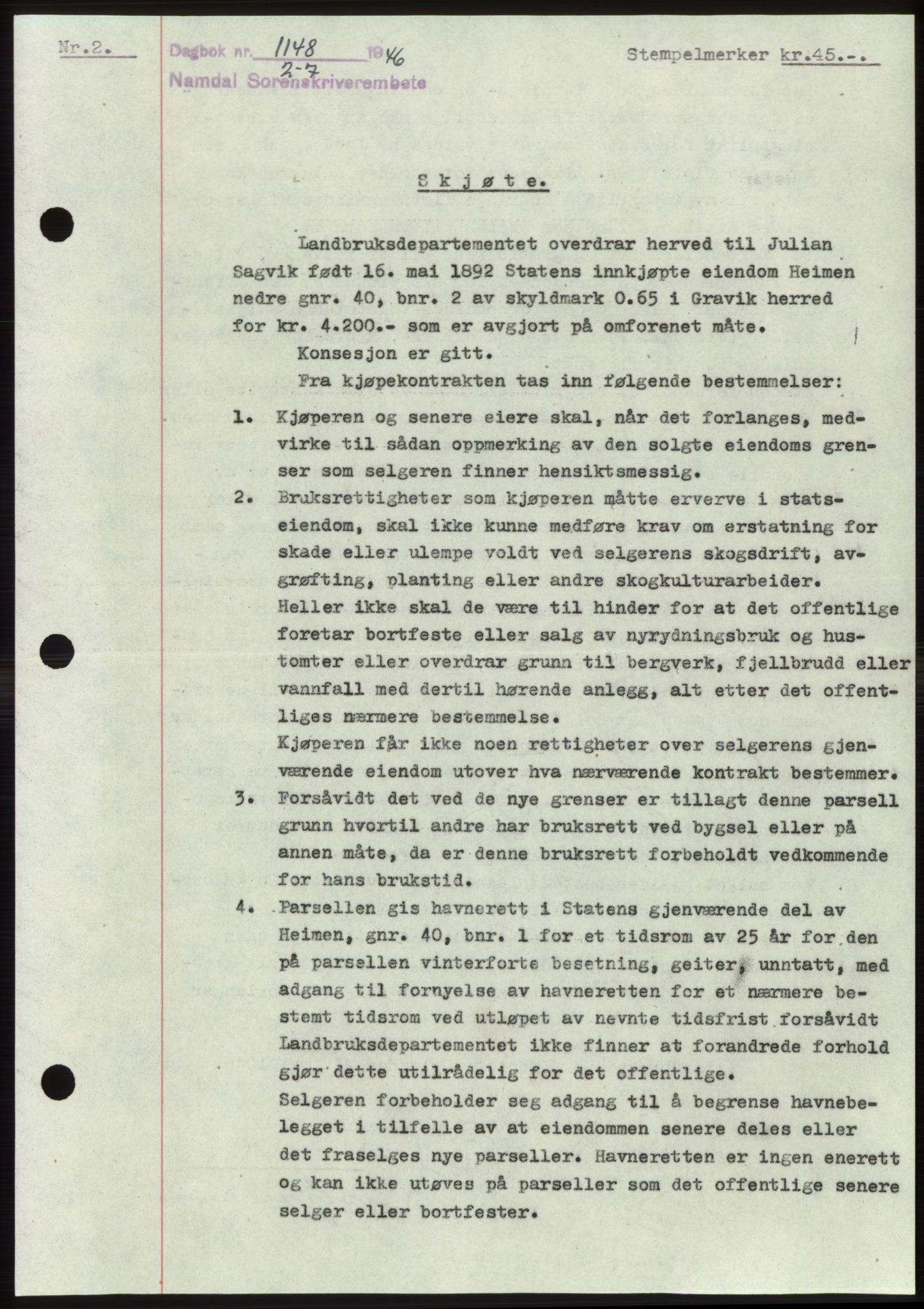 Namdal sorenskriveri, SAT/A-4133/1/2/2C: Pantebok nr. -, 1946-1946, Dagboknr: 1148/1946