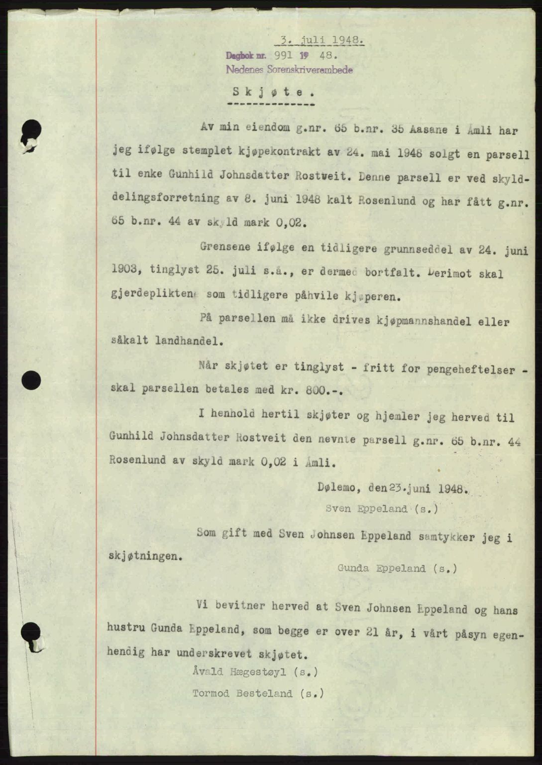 Nedenes sorenskriveri, SAK/1221-0006/G/Gb/Gba/L0059: Pantebok nr. A11, 1948-1948, Dagboknr: 991/1948