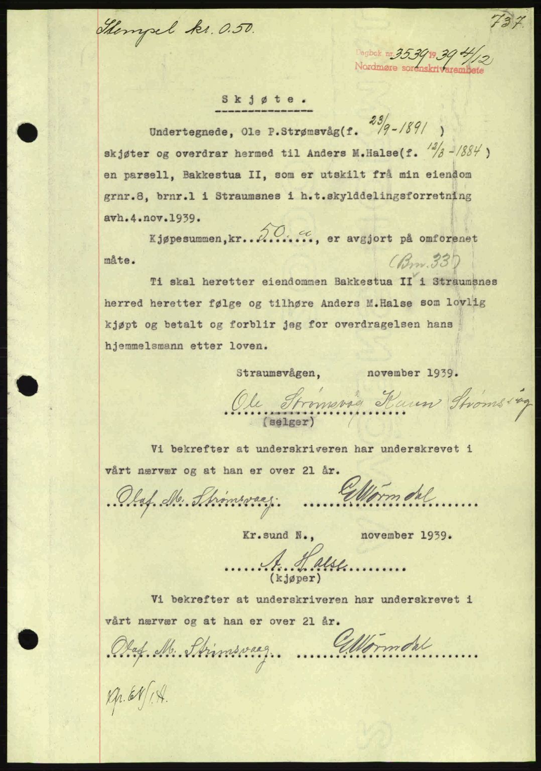 Nordmøre sorenskriveri, SAT/A-4132/1/2/2Ca: Pantebok nr. A87, 1939-1940, Dagboknr: 3539/1939