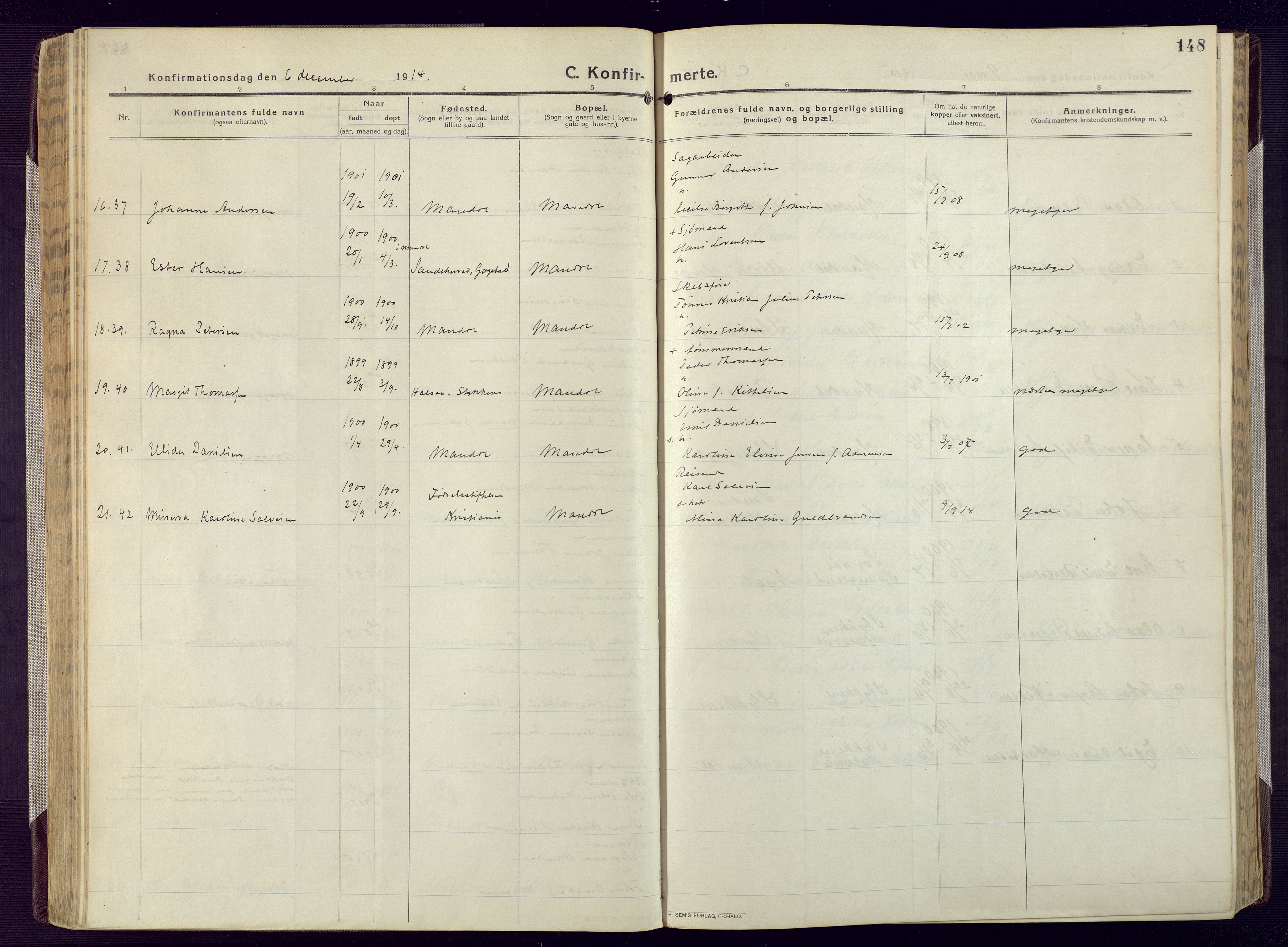 Mandal sokneprestkontor, SAK/1111-0030/F/Fa/Fac/L0001: Ministerialbok nr. A 1, 1913-1925, s. 148