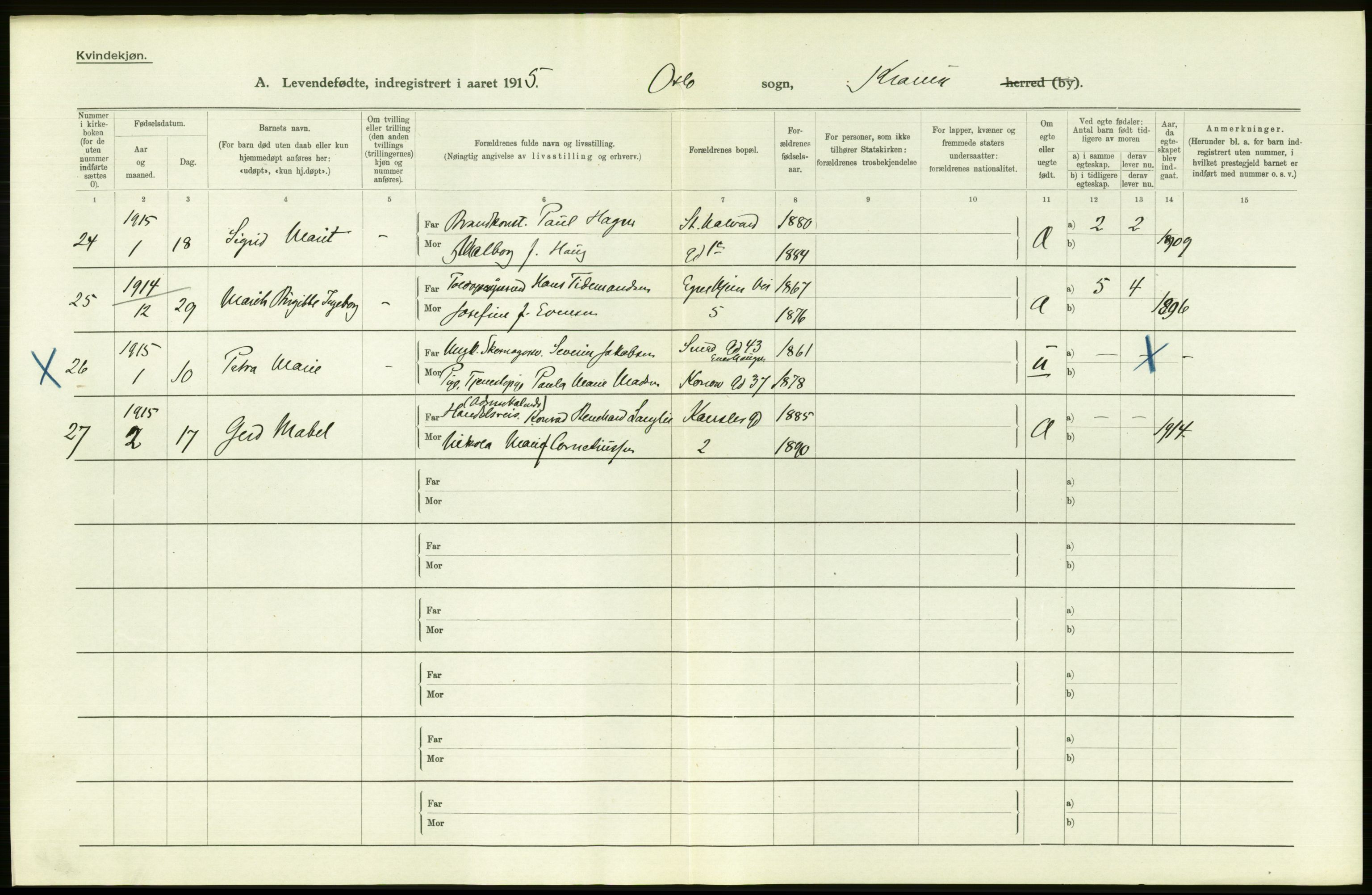 Statistisk sentralbyrå, Sosiodemografiske emner, Befolkning, RA/S-2228/D/Df/Dfb/Dfbe/L0006: Kristiania: Levendefødte menn og kvinner., 1915, s. 138