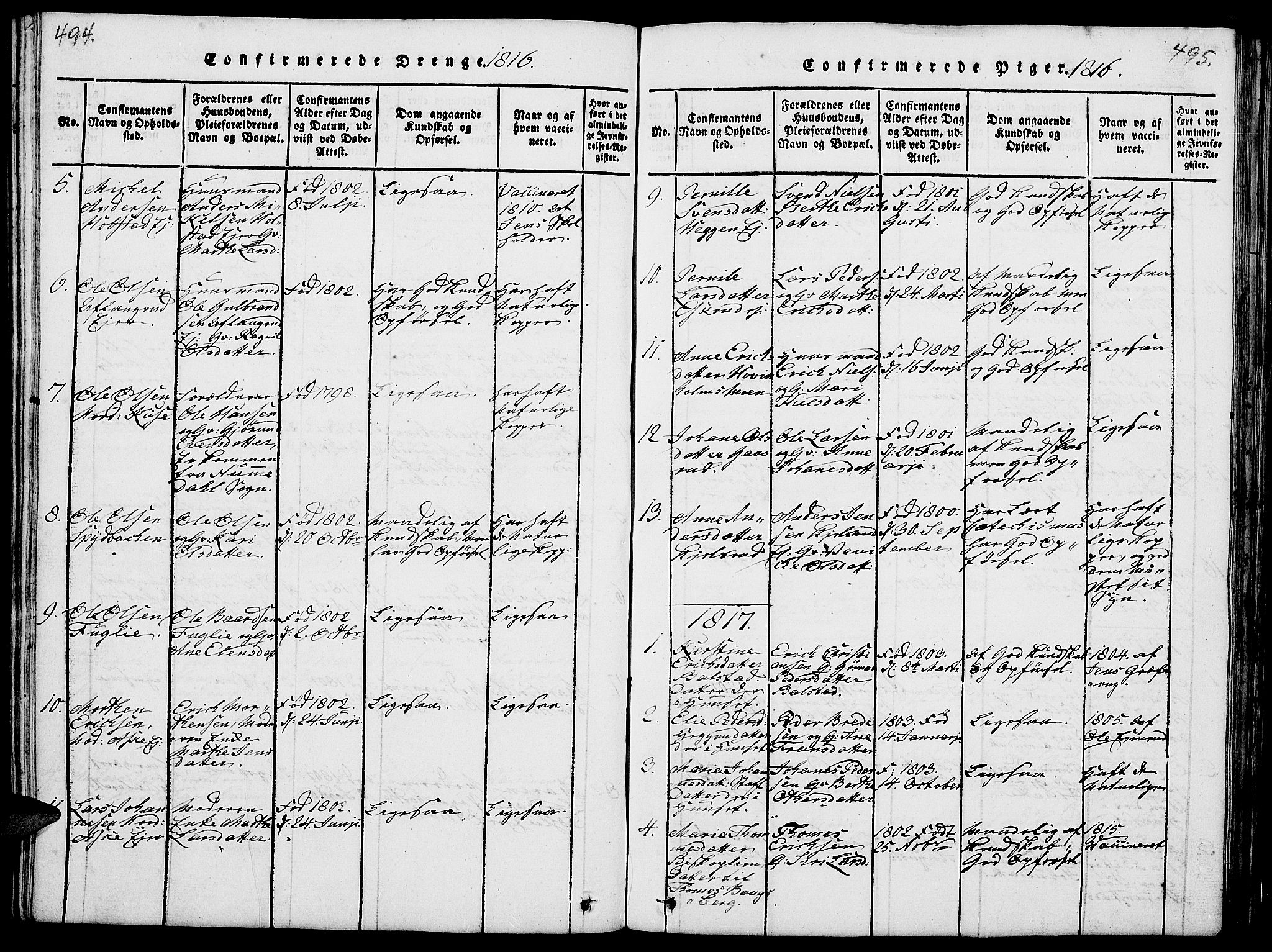 Nes prestekontor, Hedmark, AV/SAH-PREST-020/L/La/L0003: Klokkerbok nr. 3, 1814-1831, s. 494-495