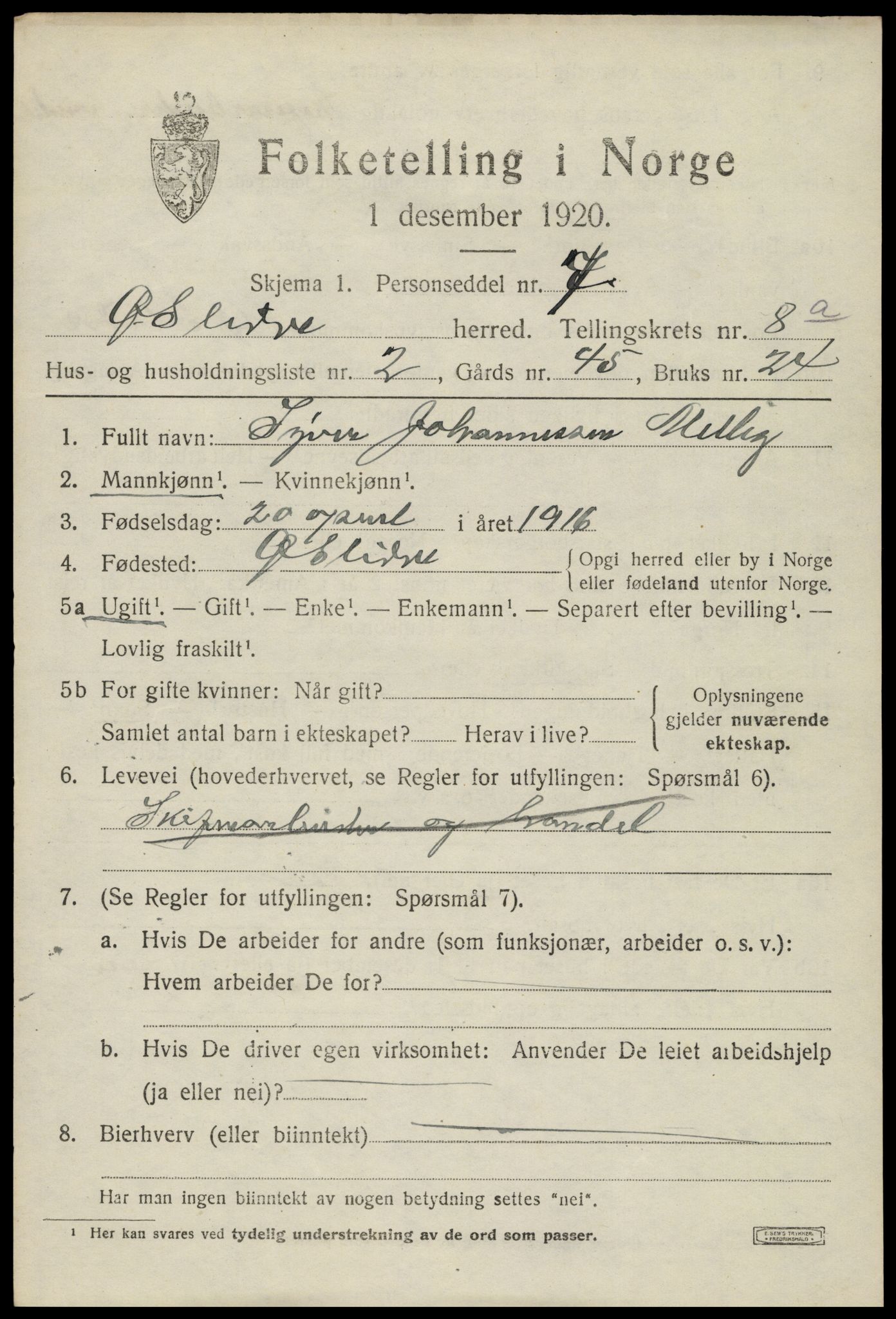 SAH, Folketelling 1920 for 0544 Øystre Slidre herred, 1920, s. 4795