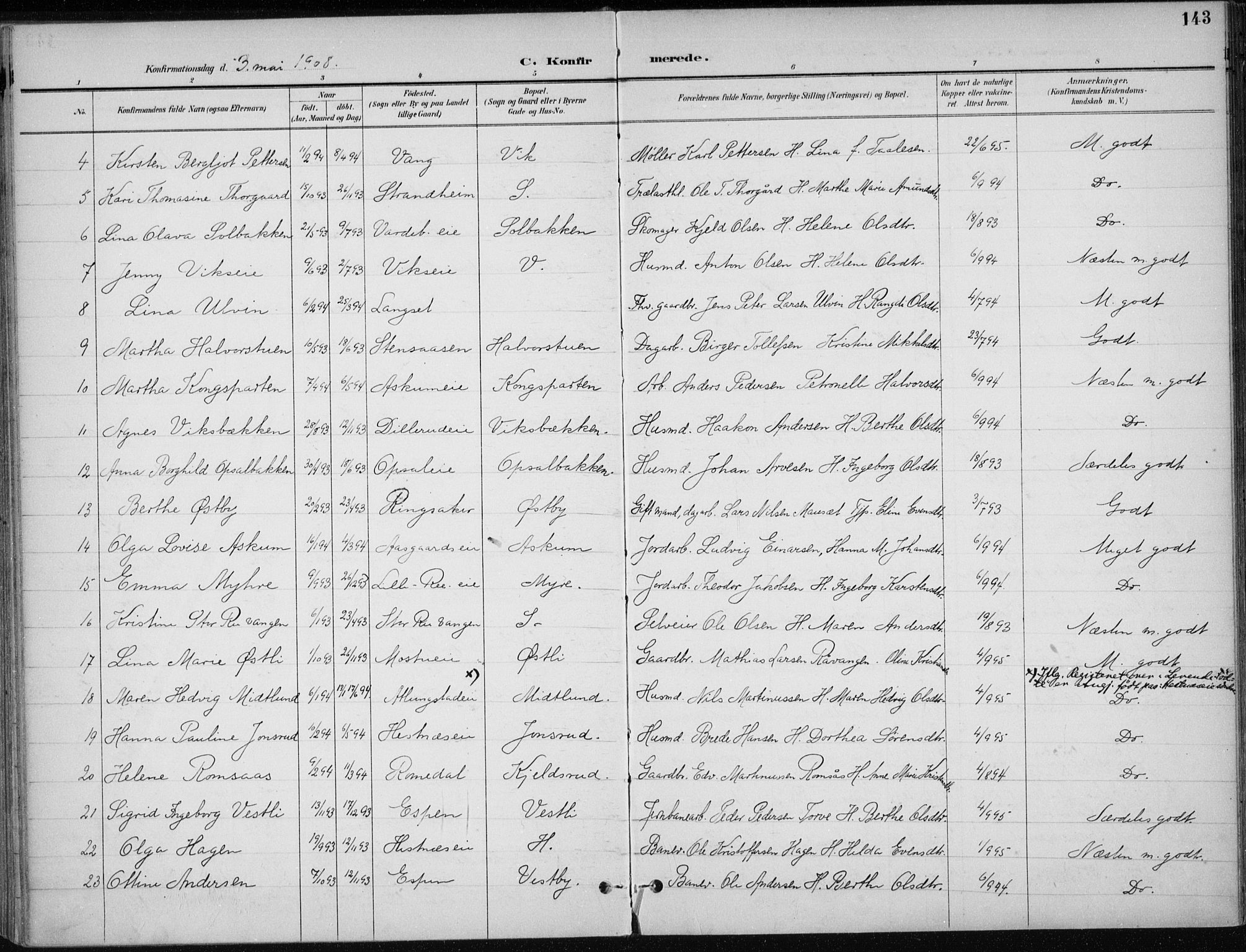 Stange prestekontor, AV/SAH-PREST-002/K/L0023: Ministerialbok nr. 23, 1897-1920, s. 143