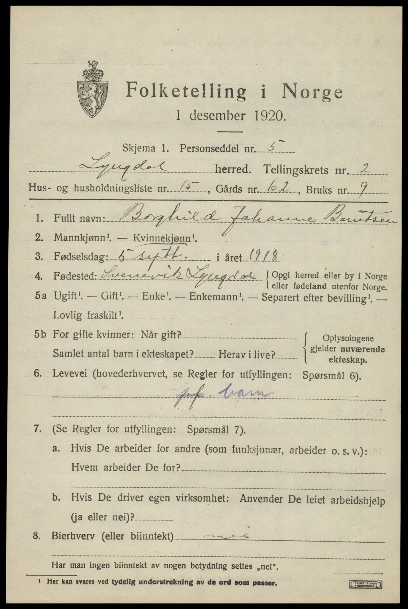 SAK, Folketelling 1920 for 1032 Lyngdal herred, 1920, s. 1715