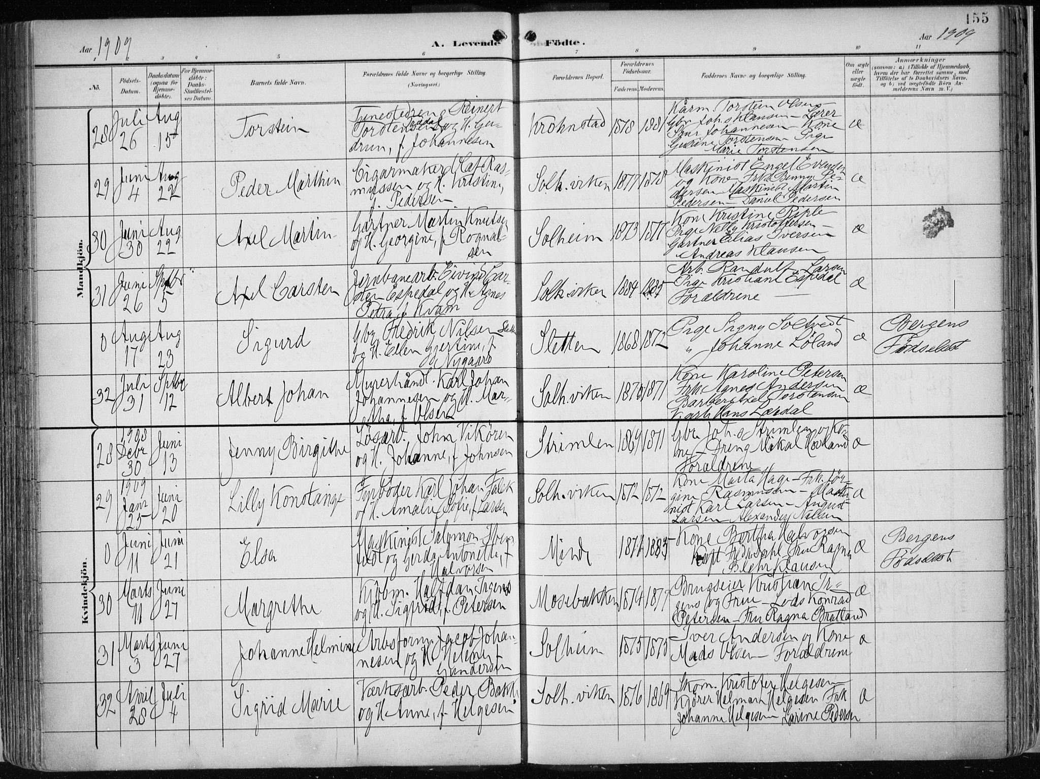 Årstad Sokneprestembete, AV/SAB-A-79301/H/Haa/L0002: Ministerialbok nr. A 2, 1899-1914, s. 155