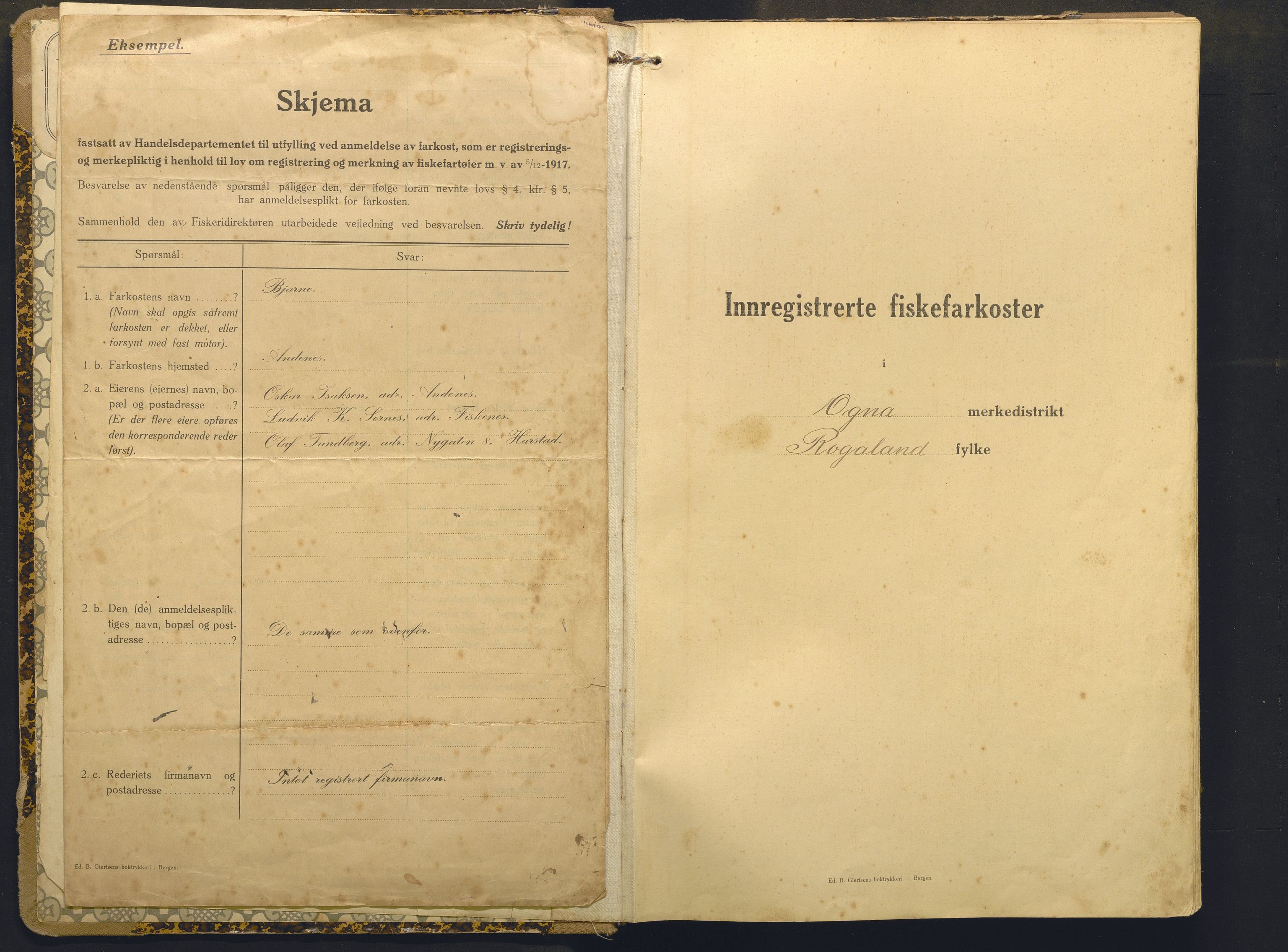 Fiskeridirektoratet - 1 Adm. ledelse - 13 Båtkontoret, AV/SAB-A-2003/I/Ia/Iai/L0075: 135.0928/1 Merkeprotokoll - Ogna, 1920-1963