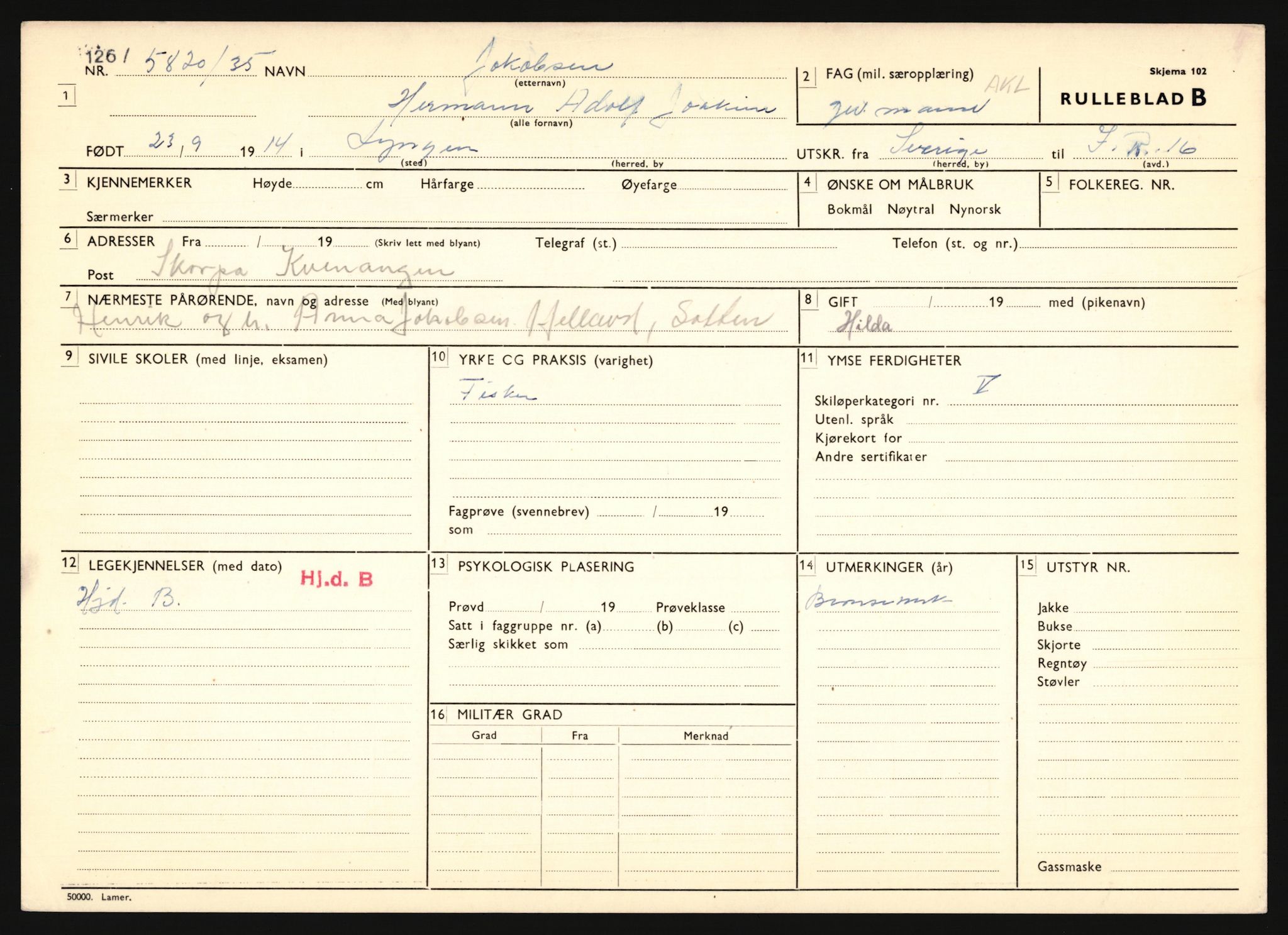 Forsvaret, Troms infanteriregiment nr. 16, AV/RA-RAFA-3146/P/Pa/L0018: Rulleblad for regimentets menige mannskaper, årsklasse 1934, 1934, s. 467