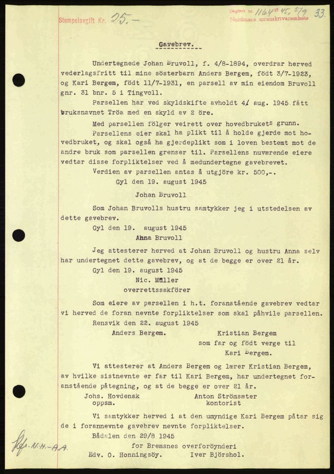 Nordmøre sorenskriveri, AV/SAT-A-4132/1/2/2Ca: Pantebok nr. A100a, 1945-1945, Dagboknr: 1164/1945