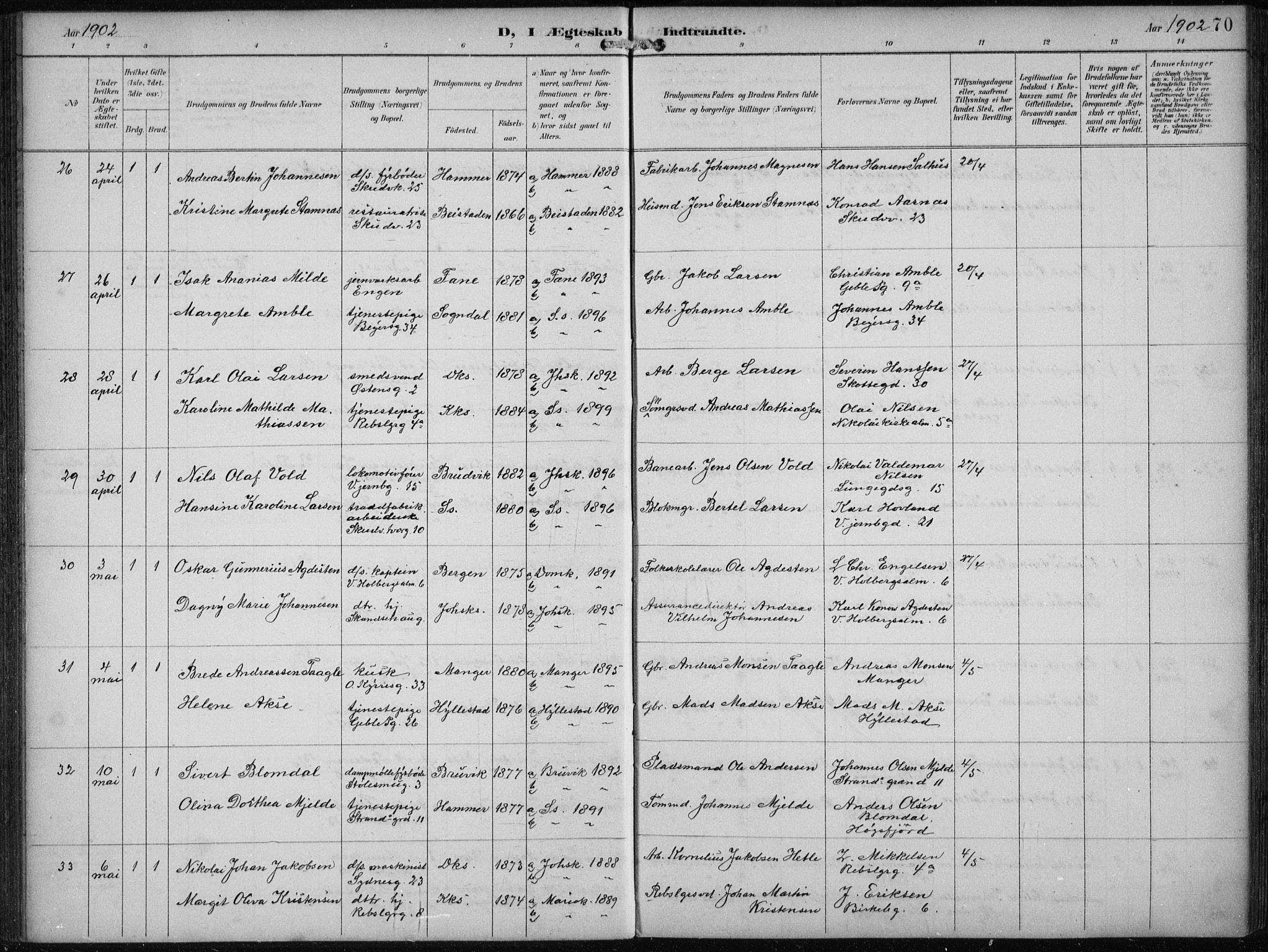 Sandviken Sokneprestembete, AV/SAB-A-77601/H/Ha/L0014: Ministerialbok nr. D 1, 1896-1911, s. 70