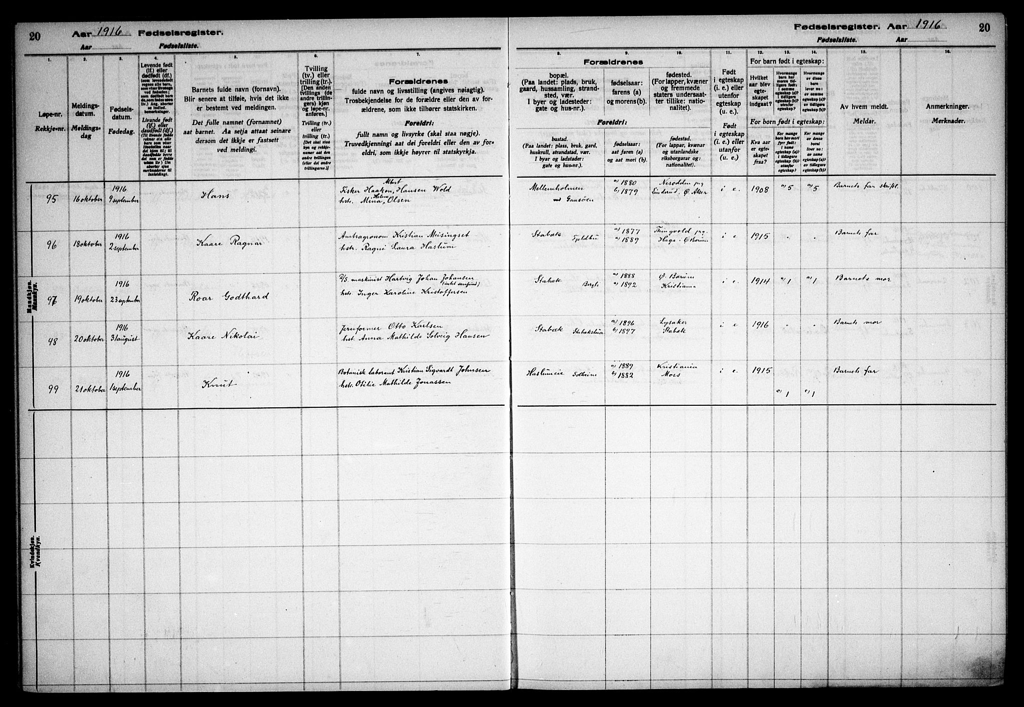 Østre Bærum prestekontor Kirkebøker, AV/SAO-A-10887/J/Ja/L0001: Fødselsregister nr. 1, 1916-1922, s. 20