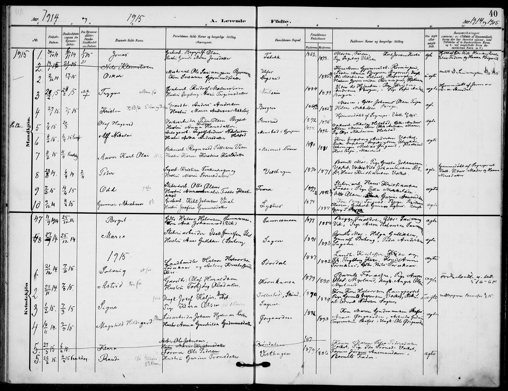 Holla kirkebøker, AV/SAKO-A-272/F/Fa/L0012: Ministerialbok nr. 12, 1907-1923, s. 40