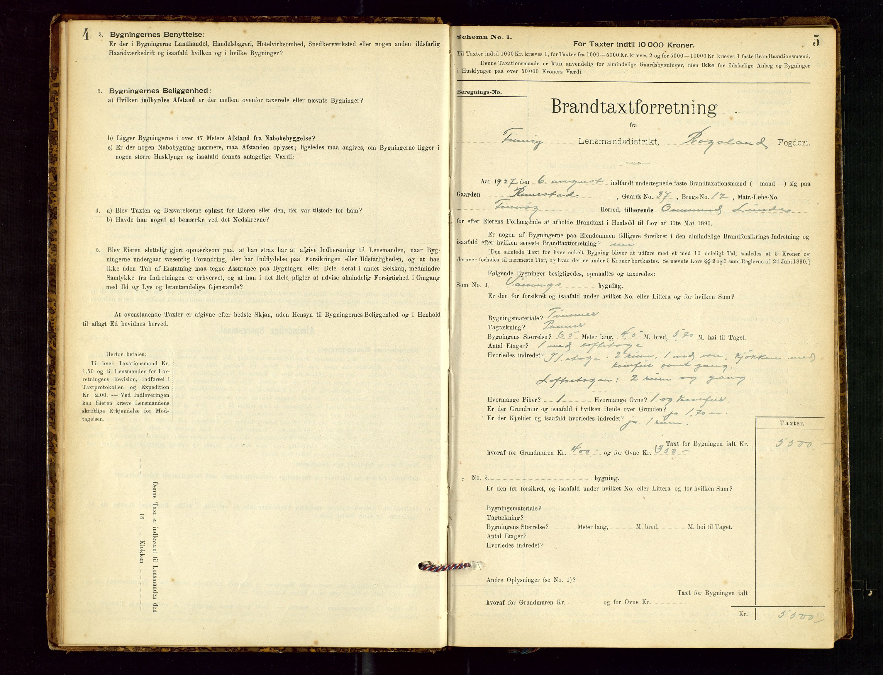Finnøy lensmannskontor, SAST/A-100442/Goa/L0003: Branntakstprotokoll - skjemaprotokoll, 1896-1954, s. 4-5