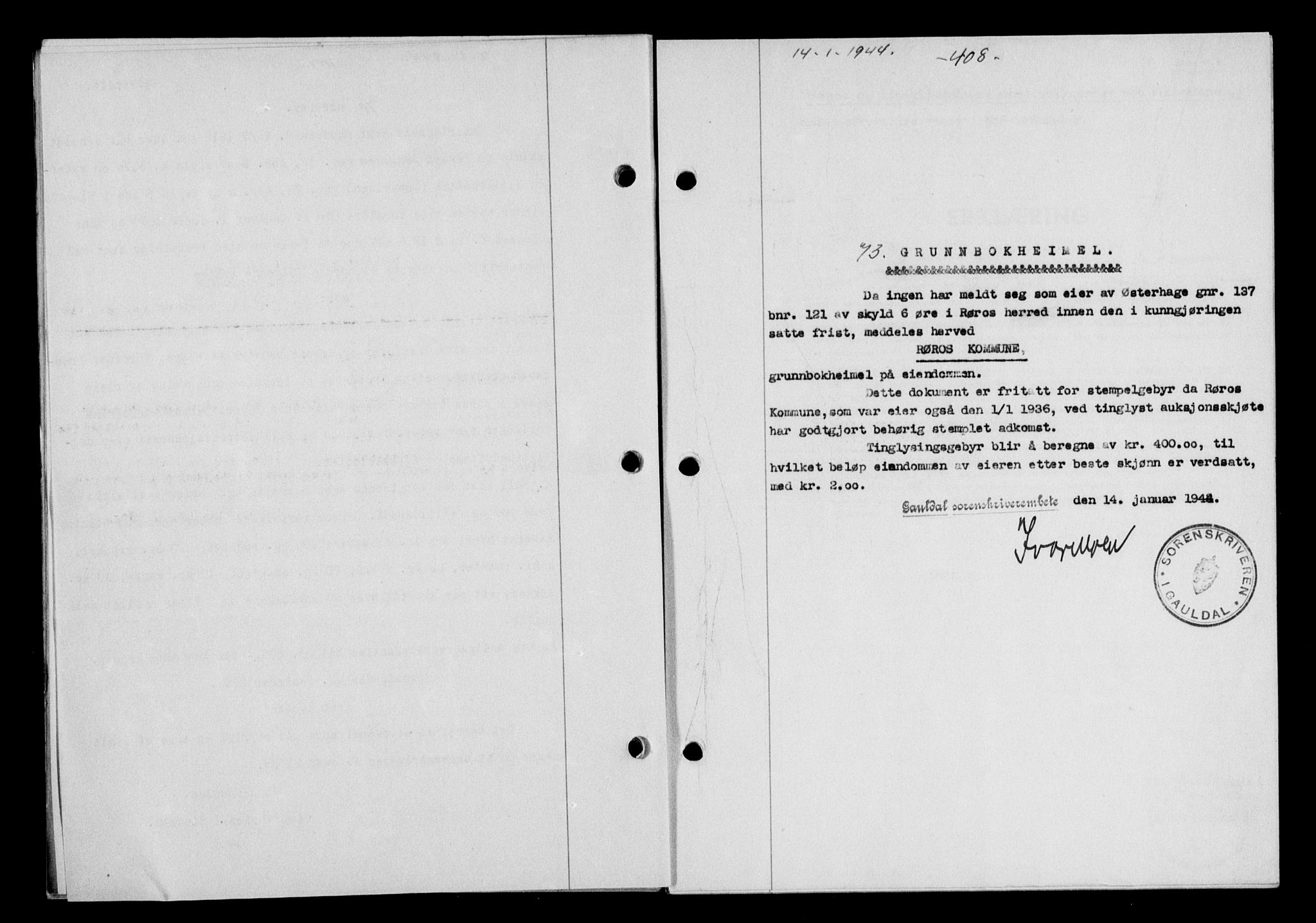 Gauldal sorenskriveri, SAT/A-0014/1/2/2C/L0057: Pantebok nr. 62, 1943-1944, Dagboknr: 73/1944