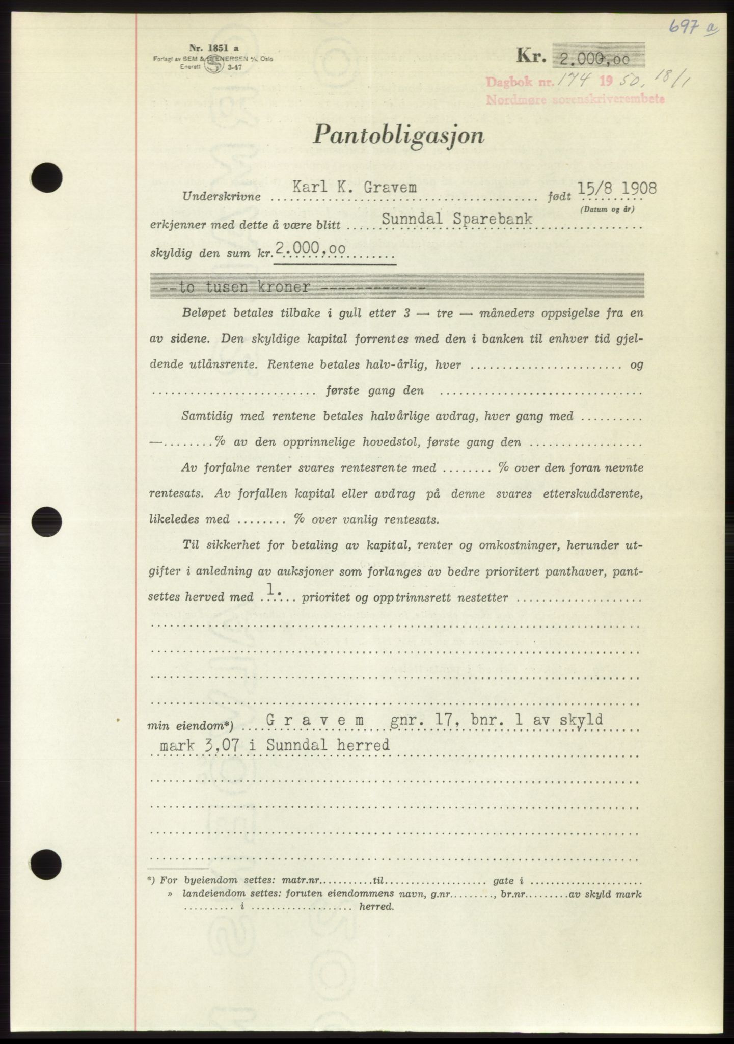 Nordmøre sorenskriveri, SAT/A-4132/1/2/2Ca: Pantebok nr. B103, 1949-1950, Dagboknr: 174/1950