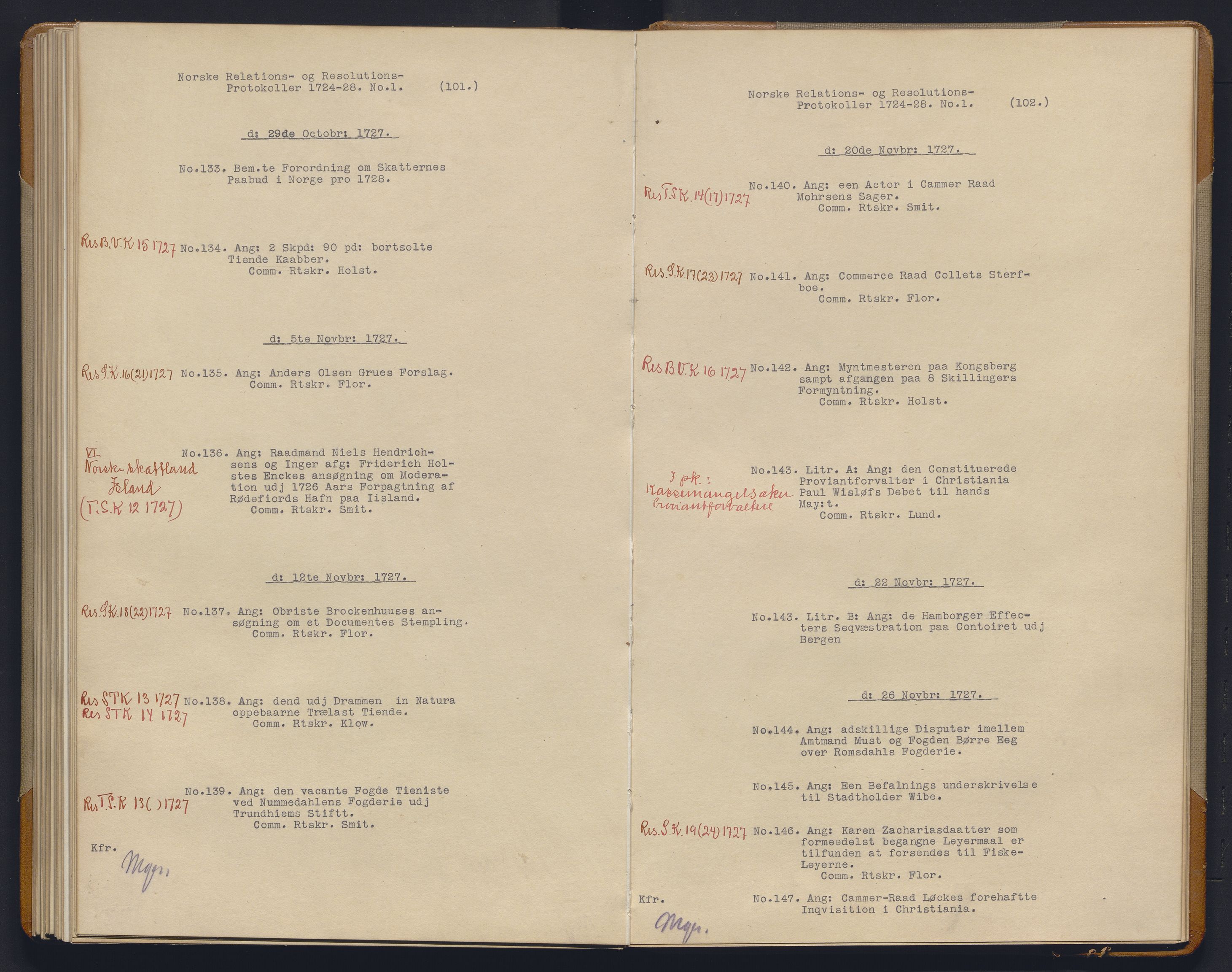 Avskriftsamlingen, AV/RA-EA-4022/F/Fb/L0115: Registratur over norske Relasjons- og resolusjonsprotkoller, 1724-1728, s. 71