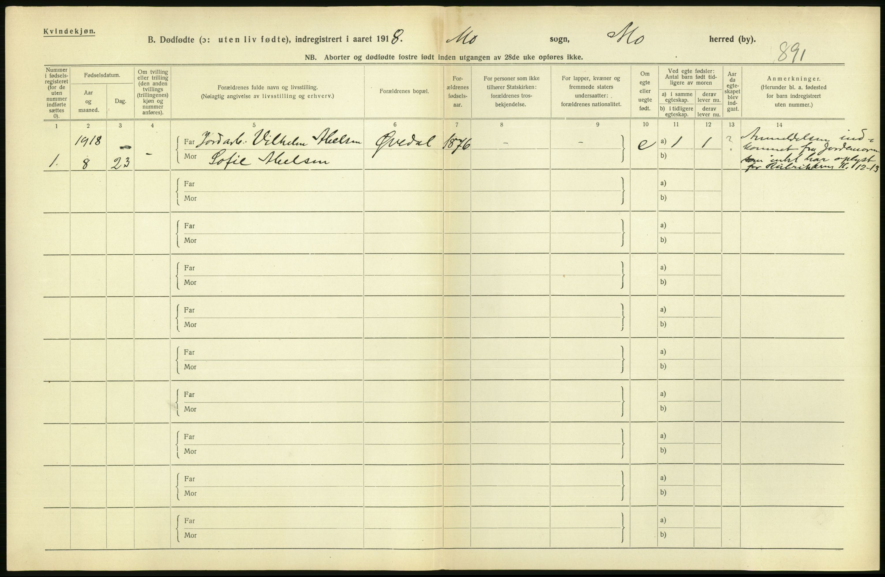 Statistisk sentralbyrå, Sosiodemografiske emner, Befolkning, RA/S-2228/D/Df/Dfb/Dfbh/L0054: Nordland fylke: Gifte, dødfødte. Bygder og byer., 1918, s. 448