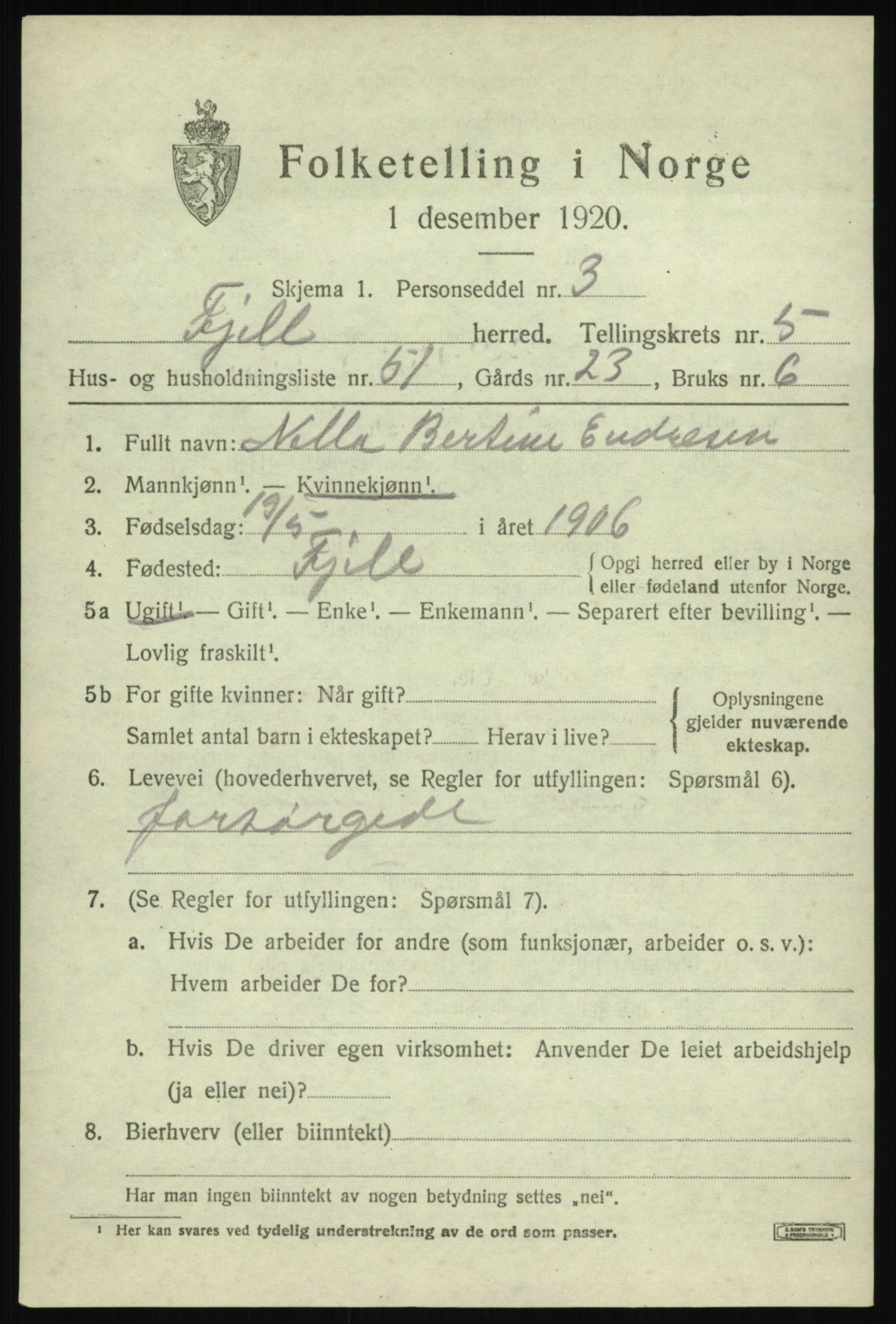 SAB, Folketelling 1920 for 1246 Fjell herred, 1920, s. 5158