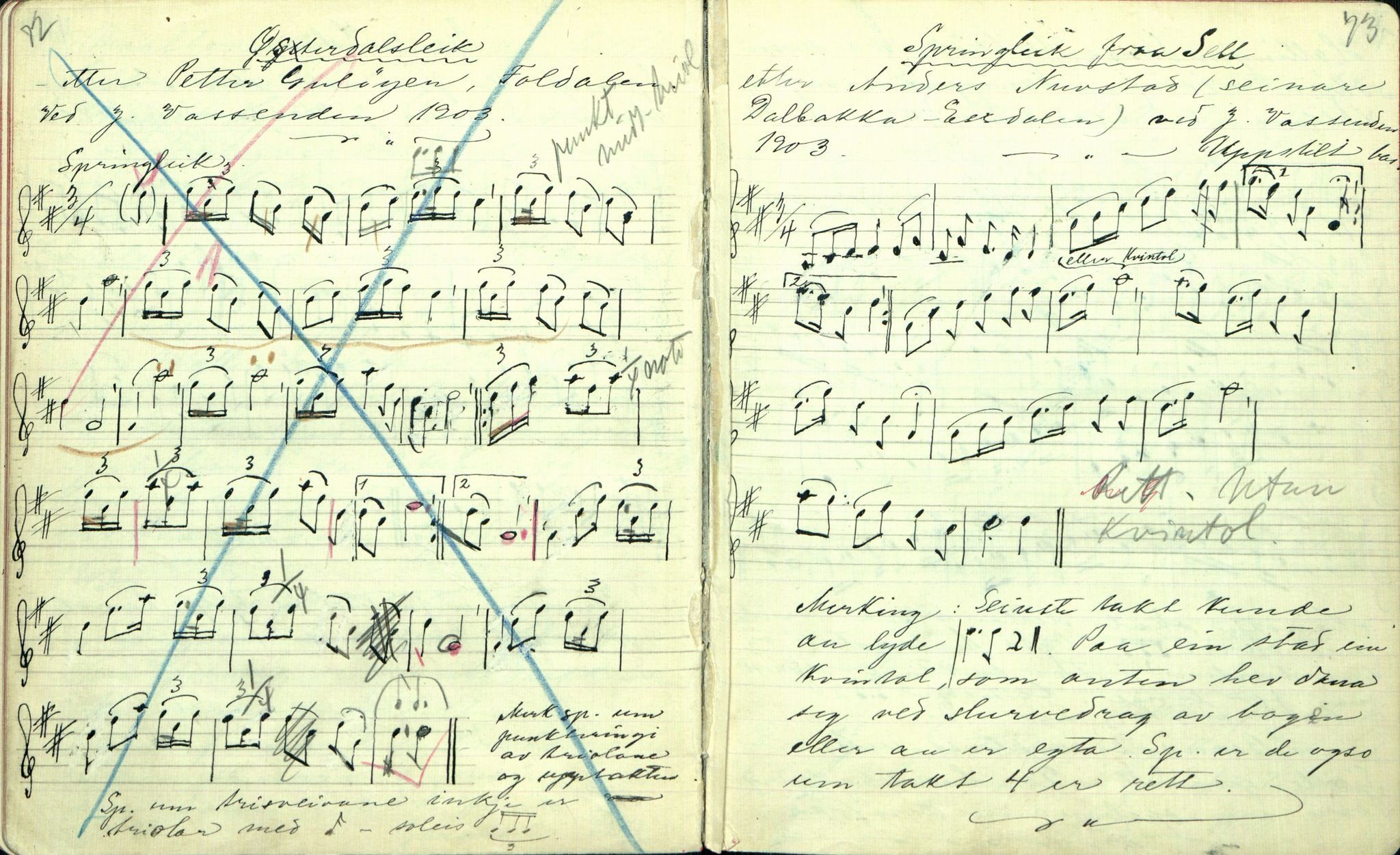Rikard Berge, TEMU/TGM-A-1003/F/L0001/0024: 001-030 Innholdslister / 20. Musiksoge. Folkemusik II, 1902-1903, s. 72-73