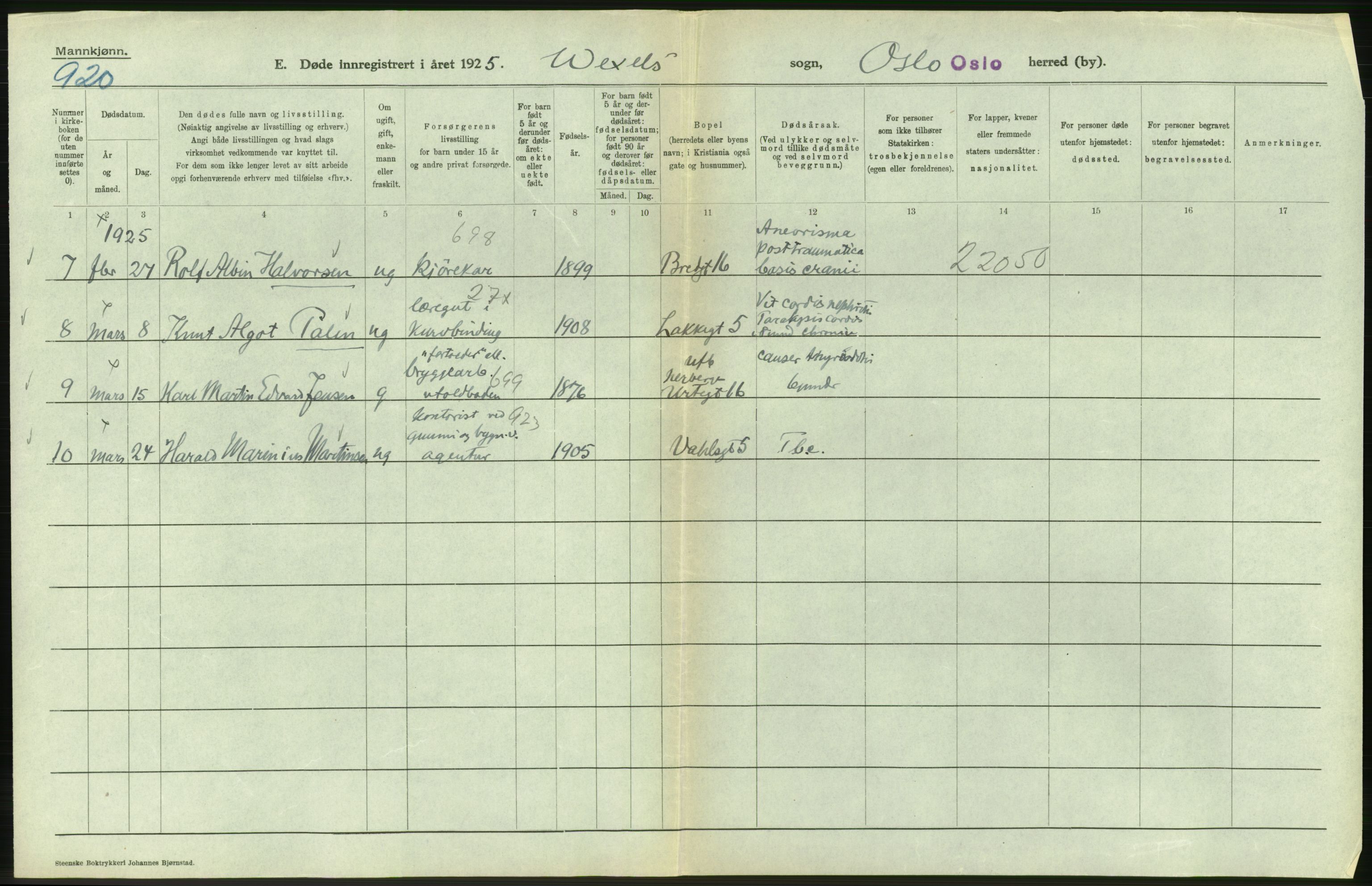 Statistisk sentralbyrå, Sosiodemografiske emner, Befolkning, AV/RA-S-2228/D/Df/Dfc/Dfce/L0009: Oslo: Døde menn, 1925, s. 310