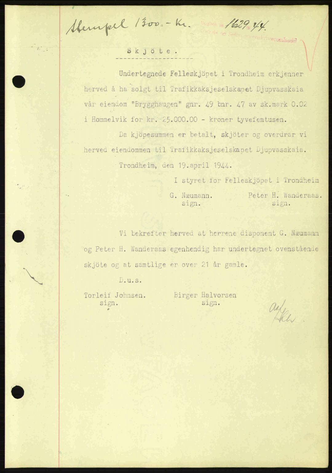 Strinda og Selbu sorenskriveri, SAT/A-0015/2/2C: Pantebok nr. A9, 1944-1945, Dagboknr: 1629/1944